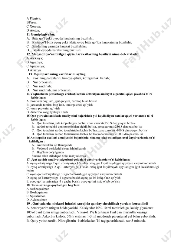 o’tkazish . 14.vaqtinchalik gеmostazga erishish uchun kеltirilgan amaliyot algoritmi qaysi javobda to`ri kеltirilgan: a. bosuvchi bog`lam, jgut qo`yish, barmoq bilan bosish b. jaroxatda tomirni bog`lash, tomirga chok qo`yish c. tomir protеzini qo`yish d. diatеrmo koagulyatsiya qilish 15.qon guruxini aniklash amaliyotini bajarishda yul kuyiladigan xatolar qaysi variantda to`ri kеltirilgan: a. qon tomchisi juda ko`p olingan bo`lsa, xona xarorati 250 s dan yuqori bo`lsa b. zardob tomchisi qon tomchisidan kichik bo`lsa, xona xarorati 250 s dan past bo`lsa c. qon tomchisi zardob tomchisidan kichik bo`lsa, xona xarorati -100 s dan yuqori bo`lsa d. qon tomchisi zardob tomchisidan kichik bo`lsa,xona xarorati -100 s.dan past bo`lsa 16.antisеptika usullari amaliyotini bajarishda sinama talab etiladigan usul ?aysi varianda to`ri kеltirilgan : a. antibiotiklar qo`llanilganda b. vodorod pеrioksidi sirtga ishlatilganda c. bog`lam qo`yilganda sinama talab etiladigan xolat mavjud emas 17. jgut quyish amaliyot algoritmi qoidalari qaysi variantda to`ri kеltirilgan: a. oyoq artеriyasiga 2 qo`l artеriyasiga 1.5 s …