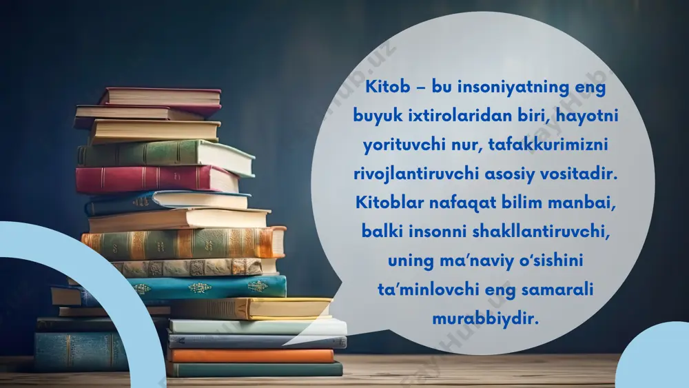 orqali kelajagimizni yoritishga xizmat qiladi. oʻzbekiston respublikasi prezidenti shavkat mirziyoyev rahnamoligida soʻnggi yillarda kitobxonlik madaniyatini oshirish boʻyicha qator muhim qarorlar qabul qilindi. 2017-yil 12-yanvarda “kitob mahsulotlarini nashr etishni, tarqatishni va kitobxonlik madaniyatini rivojlantirishni davlat qoʻllab-quvvatlashi chora-tadbirlari toʻg‘risida”gi qarori bu yoʻnalishda muhim qadamlardan biri boʻldi. ushbu qaror bilan mamlakatimizda kitobxonlik madaniyatini oshirish va yoshlarni kitob oʻqishga rag‘batlantirish uchun keng qamrovli chora-tadbirlar amalga oshirildi. shuningdek, “yoshlar oʻrtasida kitobxonlik madaniyatini rivojlantirish boʻyicha kompleks chora-tadbirlar dasturi” ham tasdiqlandi. bu dastur doirasida yoshlar uchun maxsus kitobxonlik tanlovlari, koʻrgazmalar va boshqa ma’rifiy tadbirlar tashkil etilmoqda. ushbu qarorlar orqali yoshlarimizning intellektual salohiyatini oshirish, ularni ma’naviy yuksaltirish maqsadida muhim ishlar amalga oshirilmoqda. bugungi kunda kitob mutolaasi va kitobxonlik madaniyatini oshirishning davlat siyosati darajasiga ko‘tarilishida chuqur ma’no, ezgu maqsad mujassam. chunki kitob insonning ma’naviy quvvatini oshiruvchi buyuk kuch, insoniyatning tarixiy xotirasi, kelajak yo‘llarini yorqin ko‘rsatib berishga qodir mash’aladir. mustaqillik yillarida mamlakatimizda aholi, ayniqsa, yosh avlodning ma’naviyatini yuksaltirish, milliy adabiyotimiz …