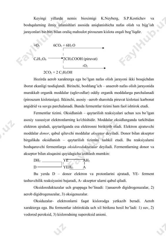 olizning asosiy reaksiyalaridan biri bo’lib, unda trizafosfatdigidrogenaza ishtirok etadi. bu fermentning aktiv qismini nad tashkil qiladi. reaksiyalarda adf va fosfat kislota ishtirok etib atf hosil bo’ladi. reaksiya davomida hosil bo’lgan asilferment fosforolizga uchraydi va natijada makroergik karboksifosfatga ega bo’lgan 1,3-difosfogliserat kislota hosil bo’ladi. 1,3-difosfogliserat kislota adf bilan qayta fosforlanib atf va 3-fosfogliserat kislota hosil bo’ladi. glikolizning oxirgi bosqichida 3-fosfogliserat kislota fosfogliseramo’taza fermenti ishtirokida izomerlanib, 2-fosfogliserat kislotaga aylanadi va u bir molekula suvni ajratib, fosfopiruvat kislotaning yenol shakliga aylanadi. bu reaksiyada yenolaza fermenti ishtirok etadi. fosfoyenolpiruvat o’z navbatida, piruvatkinaza fermenti ishtirokida adf bilan reaksiyaga kirishib atf hosil bo’ladi. yenolpiruvat kislota pirouzum kislotaga aylanadi: ch2 ch3 coh c=o cooh cooh yenolpiruvat piruvat natijada nafas olishning boshlang’ich anaerob bosqichi pirouzum kislotaning hosil bo’lishi bilan tugaydi. bir molekula glyukozaning oksidlanishi natijasida ikki molekula pirouzum kislota hosil bo’ladi. bu reaksiyalar natijasida energiyaga boy bo’lgan birikmalar 4 molekula atf va 2 molekula qaytarilgan nad.h2 hosil bo’ladi. …