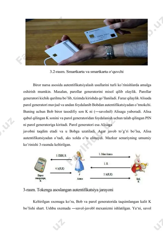 otlarga kirishda barmoq iziga asoslangan autentifikatsiya usuli, noutbuklarda va mobil telefonlarda yuz tasviriga asoslangan yoki barmoq iziga asoslangan autentifikatsiyadan keng qo’llaniladi (4-rasm). axborot xavfsizligi soxasida biometrik parametrlar parollarga qaraganda yuqori xavfsizlikni ta‘minlovchi alternativ sifatida qaraladi. biometrik parametrlarga asoslangan autentifikatsiya usuli quyidagi xususiyatlarga ega: · biometrik parametrga asoslangan usul o’zida esda saqlash va birga olib yurish zaruriyatini talab etmaydi; · biometrik parametrga asoslangan autentifikatsiyani amalga oshirish parolga asoslangan usuldan qimmat va tokenga asoslangan usuldan arzon hisoblanadi (ba‘zi, · istisno xolatlar mavjud); · - biometrik parmetrni almashtirish imkoniyati mavjud emas, ya‘ni, agar · biometrik parametr qalbakilashtirilsa, u xolda autentifikatsiya tizimi shu foydalanuvchi · uchun to’liq buzilgan hisoblanadi; · - turli biometrik parametrlarga asoslangan autentifikatsiya usullari insonlar · tomonidan turli darajada qabul qilinadi. · autentifikatsiya soxasida foydalanish uchun ideal biometrik parametr quyidagilarni · qanoatlantirishi shart: · - universal bo’lishi - biometrik parametr barcha foydalanuvchilarda bo’lishi · shart; · - farqli bo’lish - tanlangan …