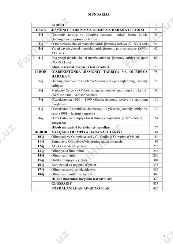 avrda jismoniy tarbiya. reja: 1. jismoniy tarbiya va olimpiya harakati tarixi faniga kirish 2. jismoniy tarbiya va olimpiya harakati tarixi faninining maqsadi va vazifalari 3. qadimgi davrda jismoniy tarbiya 4. qadimgi sharq davlatlarida jismoniy tarbiya. 5. qadimgi gretsiyada jismoniy tarbiya. 6. qadimgi rimda jismoniy tarbiya. kirish. o’zbekistonda mustaqillik davrida jismoniy tarbiya va sport sohasining rivojlanishi mamlakatimizda amalga oshirilayotgan siyosiy, iqtisodiy va ijtimoiy islohotlarning samarali natijasidir. mamlakatimiz qudratini belgilaydigan eng asosiy omillardan biri bu shu yurtda yuksak ma’naviyatli, jismonan va ruhan sog’lom, har tomonlama barkamol avlodni tarbiyalash masalasidir. ma’naviy barkamol va jismoniy sog’lom insonni tarbiyalashning muhim vositasiga aylangan sport olimpiya go’yalari va olimpiya qadriyatlarini keng targ’ib etishga xizmat qilmoqda. jismonan sog’lom, ma’naviy yetuk, yuksak intellektual salohiyat, zamonaviy bilimlarga ega, mustaqil fikrlaydigan, kelajakka ishonch bilan qaraydigan barkamol avlodni tarbiyalash asosiy vazifalar sifatida belgilandi. bu yo’nalishdagi ishlar talaba-yoshlarda zamonaviy dunyoqarash, ularning ongiga vatanparvarlik, milliy va umuminsoniy qadriyatlarga hurmat, o’z vataniga xizmat qilish kabi …