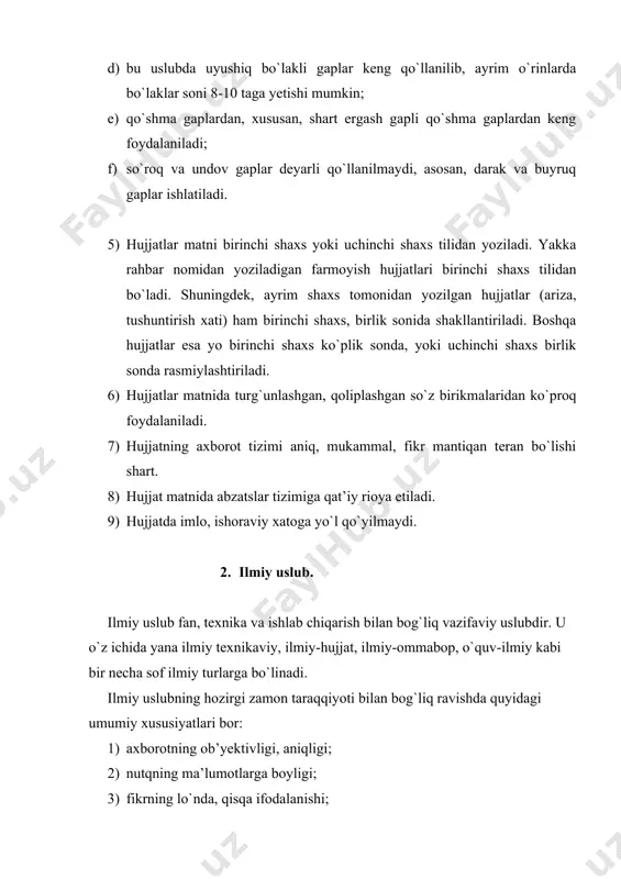 avoblik, o`tkir va ta’sirchan notiqlik, mantiqiy salobat, tashviqot va targ`ibot kabi xususiyatlar mavjud bo`ladi. 5. badiiy uslub. badiiy nutq uslubi inson amaliy faoliyati va hayotining hamma tomonlarini qamrab olishi: umumga taalluqligi, barcha barobarligi bilan xarakterlanadi. badiiy nutq uslubi juda xilma-xil ko`rinishlarda namoyon bo`ladi. bu uslub muallifga asarning estetik ta’sirini kuchaytirish uchun tilning barcha leksik va grammatik vositalaridan ustalik bilan foydalanish, tanlash, shuningdek, yangidan-yangi, ifoda vositalari yaratish imkonini beradi. badiiy nutq uslubida til obraz, xarakter va manzaralar yaratish vositasi bo`lib xizmat qiladi. bu uslub o`zining obrazliligi bilan adabiy boshqa funktsional uslublaridan ajralib turadi. adabiyotlar: 1. barkamol avlod orzusi. t., “sharq”, 1999. 2. i.a.karimov. milliy istiqlol mafkurasi – xalq e’tiqodi va buyuk kelajakka ishonchdir. t., “o`zbekiston”, 2000. 3. r.qo`ng`urov va b. nutq madaniyati va uslubiyot asoslari. t., “o`qituvchi”, 1992. 4. a.g`ulomov, b.qobilova. nutq o`stirish mashg`ulotlari. t., “o`qituvchi”, 1995. 5. g`.abduraxmonov, s.mamajonov. o`zbek tili va adabiyoti. t., “o`qituvchi”, 1995. 6. www.ziyonet.uz