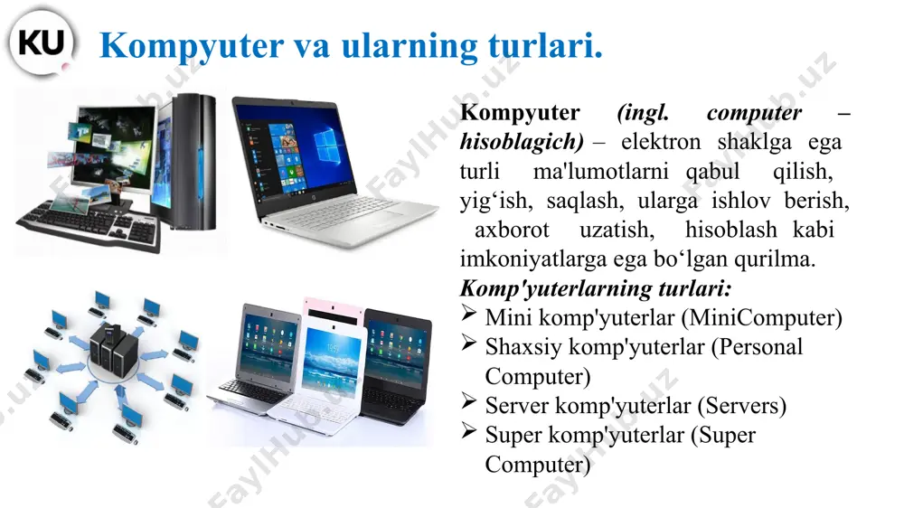 larinigina bozorga chiqarmoqda. bundan tashqari, ibm kompyuterlariga moslik shartini bajaradigan boshqa firmalar: amd, cyrix, celeron va hokazo ishlab chiqqan mikroprotsessorlar ham keng qo`llaniladi. ammo boshqa firmalar ishlab chiqqan mikroprotsessorlar intel-protsessorlardan umuman aytganda kuchsizroq hisoblanadi. hozirda mmx-protsessorli kompyuterlar keng qo`llaniladi. protsessorlarning tezligi megagerslar (mgs) sekundda o`lchanadi. mikroprotsessorlar. tezkor xotira kompyuterning muhim qismi bo`lib, protsessor undan amallarni bajarish uchun programma, berilganlarni oladi va amalni bajarib, natijani yana unda saqlaydi. shuni alohida ta'kidlash lozimki, kompyuter o`chirilsa, tezkor xotirada saqlanayotgan programmalar va berilganlar yo`q bo`lib ketadi. shuning uchun ularni qattiq diskda yoki disketalarda aqlab qolish kerak. kompyuter ishlab turganda elektr tokini ogohlantirmasdan o`chirish, umuman aytganda, katta zarar keltirishi mumkin. barcha turdagi xotiralar uchun muhim tushuncha uning hajmidir. xotira kompyuterda dasturlar va berilganl amallar natijalarini saqlovchi qurilma. xotiraning turlari ko`p: tezkor, doimiy, tashqi, video va boshqalar. doimiy xotira. kompyuterlarda berilganlar unga avvaldan joylashtirilgan doimiy xotira (bios-basic input- output system-kiritish chiqarishning asosiy sistemasi) mavjud. bunday xotiradan …