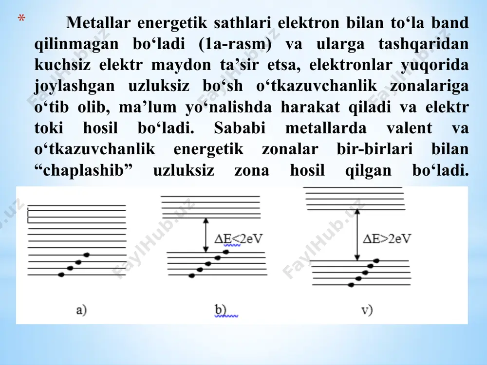 shi ma’lum bir hisobda shartli xarakterga egadir. o’y haroratida dielektrik xususiyatiga ega bo’lgan olmos yuqori temperaturalarda sezilarli o’tkazuvchanlikka ega bo’lib, yarim o’tkazgich xususiyatini oladi. + + + - + + + valent sohasi o’tkazuvchanlik sohasi - ec ev eg uб e → i  qvs , (1) yarim- o’tkazgichlar effektiv massalar elektronmn kovak mp indiy antimonidi 0.17 1.41022 6 10-5 0.015m 0.18m germaniy 0.66 3 1019 0.48 0.56m 0.59m kremniy 1.12 1016 2 103 1.08m 0.37m erkin zaryad tashuvchilar kontsenratsiyasining fermi sathi holatiga bog’liqligi yarim o’tkazgichlarda erkin zaryad tashuvchi gazning xususiyatlarini belgilovchi asosiy parametrlardan biri kimyoviy potentsialdir. bu iborani elektron va kovakli gaz uchun oddiygina qilib fermi sathi deyiladi. bizga ma’lumki metallarda fermi sathi o’tkazuvchanlik sohasidagi elektronlar bilan to’lgan oxirgi energetik sathdir. t=0 k da fermi sathidan pastdagi hamma energetik sathlar elektronlar bilan tulgan, undan yuqoridagi energetik sathlarning barchasi bo’shdir. metallarda elektron gazning kontsentratsiyasi o’tkazuvchanlik sohasidagi xolatlar soni bilan bir …