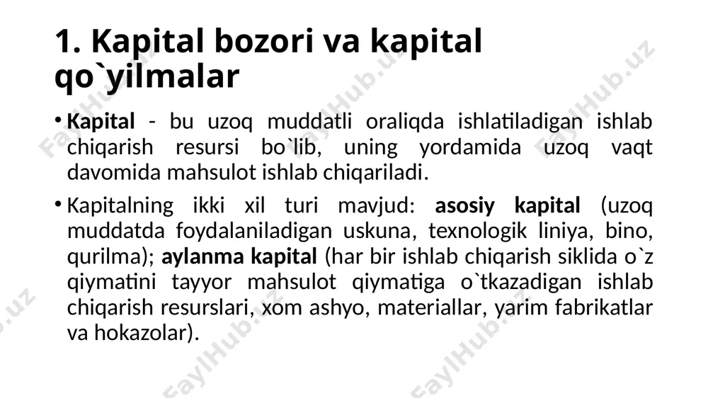 keyingi qolgan qismi. sof investitsiya = yalpi investitsiya - qoplash. 2. uzoq muddatli oraliqdagi investitsiya asosiy kapitalga qo`yilgan investitsiyalar asosan uzoq muddatli bo`ladi. asosiy kapitalning xizmat qilish, ya′ni undan foydalanish muddati mavjud bo`lib, u chegaralangan bo`ladi. asosiy kapital xizmat ko`rsatish muddati davomida firma uchun daromad keltiradi. uzoq muddatli oraliqdagi kapital qo`yilmadan olinadigan foydani hisoblash uchun asosiy kapitalning xizmat ko`rsatish muddatini va undan foydalanish davomida har yilda olinadigan daromadni bilish kerak bo`ladi. inflyatsiyaning ta′siri. inflyatsiya yoki narxlarning umumiy darajasining o`sishi joriy va kelajakda olinadigan mablag`lar nisbatini o`zgartiradi. shuning uchun ham inflyatsiya darajasi loyihalarni baholashda e`tiborga olinishi zarur. agar barcha tovarlarga, xizmatlarga va ishlab chiqarish resurslariga (ish haqiga ham) bo`lgan narxlarning darajasi o`sganda, ular o`rtasidagi nisbat o`zgarmasa, bunday o`zgarishga balanslashgan inflyatsiya deyiladi. bunday holda, ya′ni narxlarning o`sish sur`ati bir xil bo`lganda loyihani tahlil qilishda inflyatsiyani hisobga olmasa ham bo`ladi. nominal narxlardan, nominal foiz stavkasidan foydalanib daromadlar va xarajatlarni hisoblab, ularni solishtirish mumkin. …