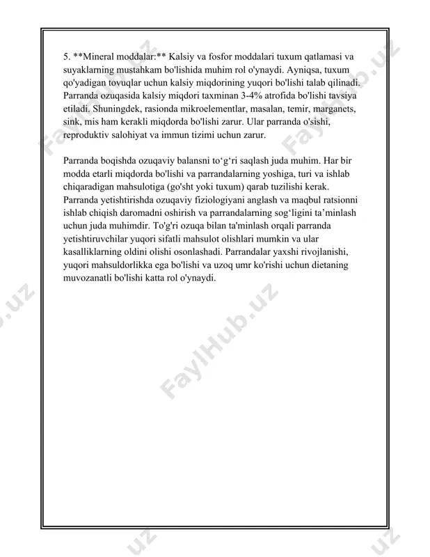 va muvozanatli oziqlanishni ta'minlash muhimligini ko'rsatadi. farmonlar o'sishining ekologik va iqtisodiy jihatlarini yaxshilash uchun har bir parrandani to'g'ri oziqlantirish muhim ahamiyatga ega. bu esa o'z navbatida parrandachilik bilan bog'liq iqtisodiy daromadlarni oshiradi va sifatli mahsulot ishlab chiqarish imkoniyatini beradi. 3. parrandalar metabolizmi parrandalarning metabolizmi – bu ularning energetik va ozuqaviy moddalarni qabul qilish, o‘zlashtirish va utilizatsiya qilish jarayonlarini anglatadi. bu jarayonlar parrandalarning o‘sishi, rivojlanishi va hayot faoliyati uchun o‘ta muhimdir. parrandalar uchun metabolizm ko‘rsatkichlari va energiya sarfi boshqa hayvon turlariga nisbatan o‘ziga xos xususiyatlarga ega. 1. **bazal metabolizm darajasi (bmr)**: parrandalarning bazal metabolizm darajasi tijoriy chorvachilikda alohida e’tibor talab qiladi. masalan, tovuqlar uchun bazal metabolizmning minimal darajasi tana vazniga nisbatan kg uchun 70 kkal hisoblanadi. 2. **metabolik energiya**: parrandalar metabolik energiyani yemishlardan oladi. tovuq va broyler tovuqlar uchun metabolik energiya iste’moli o‘ziga xos va bu oziq-ovqatning kaloriyasi bilan belgilanadi. o‘rtacha broyler tovuq kg uchun kundalik metabolik energiya ehtiyoji 300-320 kkal …