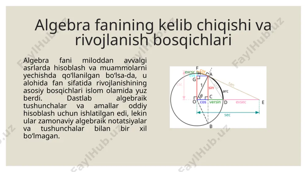 va mesopotamiyadagi hisob-kitoblarda algebraik yondashuvlar qo‘llanilgan, lekin ular zamonaviy algebraik notatsiyalar bilan ifodalangan emas edi. bunday masalalar yordamida algebraik tenglamalarning tarixiy rivojlanishini va ulardan qanday foydalanish mumkinligini o‘rgatish mumkin. etiboringiz uchun rahmat image2.jpg image3.png image4.jpeg image5.jpeg /docprops/thumbnail.jpeg