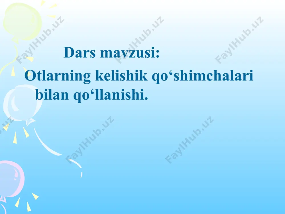 higi, o‘rin-payt kelishigi, chiqish kelishigi. 5 qaysi kelishikning qo‘shimchasi yo‘q? 4 -ning, -ga qo‘shimchalari qo‘yiladi. “rasmli lug‘at diktanti” “rasmli lug‘at diktanti” t/r o‘zbek tilida ingliz tilida 1 ona mother 2 aka brother 3 singil sister 4 non bread 5 choynak teapot 6 tandir stove 7 o‘tin firewood 8 daraxt tree 9 eshik door 10 deraza window 187- mashq. matnni o‘qing. unga sarlavha toping. qarg‘a — farosati o‘tkir qush. qarg‘aning parvozini kuzating. u uchib ketayotib o‘ljasini tashlab yuboradi. orqasidan sho‘ng‘ib, uni yana tutib oladi.mabodo o‘lja suvga tushib, suv bilan quvurga kirib ketsa, qarg‘a o‘ljasini quvurning quyi tomonida poylaydi. o‘lja quvurdan chiqishi bilan tumshug‘ida ilib oladi. ajratilgan otlarga o‘zi bog‘langan so‘z orqali so‘roq berib, ularni birikma tarzida ko‘chiring. kelishik qo‘shimchalarini belgilang. 2-topshiriq. „tahlil qolipi“ egalik qo‘shimchalari kelishik qo‘shimchalari so‘zlar birlik ko‘plik i sh ii sh iii sh i sh ii sh iii sh b/k q/ k t/k j/k o‘p/k ch/k sizning bahoingiz …