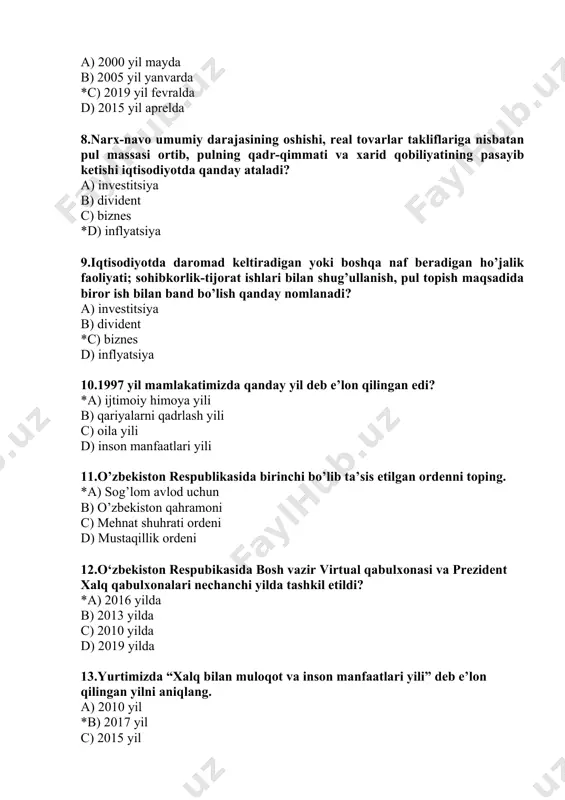 oila yili d) inson manfaatlari yili 11.o’zbekiston respublikasida birinchi bo’lib ta’sis etilgan ordenni toping. *a) sog’lom avlod uchun b) o’zbekiston qahramoni c) mehnat shuhrati ordeni d) mustaqillik ordeni 12.o‘zbekiston respubikasida bosh vazir virtual qabulxonasi va prezident xalq qabulxonalari nechanchi yilda tashkil etildi? *a) 2016 yilda b) 2013 yilda c) 2010 yilda d) 2019 yilda 13.yurtimizda “xalq bilan muloqot va inson manfaatlari yili” deb e’lon qilingan yilni aniqlang. a) 2010 yil *b) 2017 yil c) 2015 yil d) 2013 yil 14.prezidentimiz sh.mirziyoyev bmt bosh assambleyasining 75 yillik videokonferensiyasida qachon nutq so‘zlagan edi? *a) 2020 yil 23 sentabr kuni b) 2016 yil 3 dekabr kuni c) 2019 yil 33 mart kuni d) 2018 yil 15 may kuni 15.prezident qarori bilan o’zbekiston respublikasi ekologiya va atrof-muhitni muhofaza qilish davlat qo‘mitasi qachon tashkil etildi? *a) 2017 yil 21 aprelda b) 2015 yil 1 mayda c) 2001 yil 16 martda d) 1997 yil 12 dekabrda …