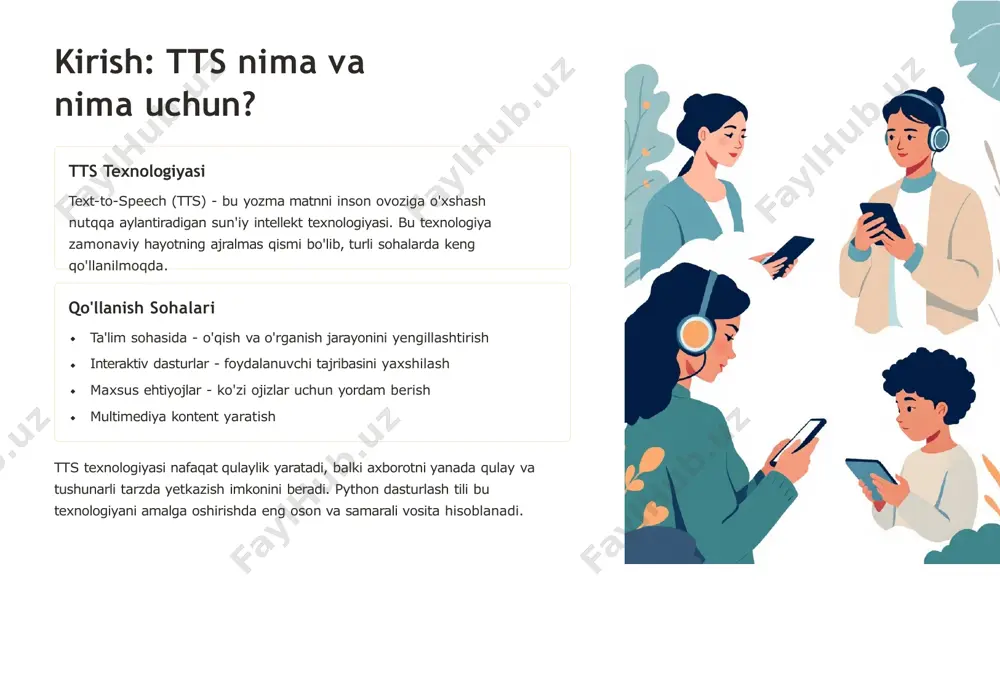 rilishi kerak bo'lgan matn lang - til kodi (uz, en, ru va hokazo) slow - sekin so'zlash rejimi (true/false) gtts kutubxonasi juda sodda interfeys taqdim etadi. asosiy funksiyalar faqat bir necha qator kodda amalga oshiriladi va natija professional darajada bo'ladi. ovoz faylini yaratish tts.save("salom.mp3") 1 ovoz faylini saqlash bu metod orqali ovoz fayli mp3 formatida saqlanadi. fayl nomi va yo'li ixtiyoriy tanlanishi mumkin. faylni avtomatik ijro etish import os os.system("start salom.mp3") 2 if sys.platform == "win32": os.startfile("salom.mp3") elif sys.platform == "darwin": subprocess.call(["open", "salom.mp3"]) else: subprocess.call(["xdg-open", "salom.mp3"]) windows operatsion tizimi uchun ushbu kod ovoz faylini avtomatik ijro etadi. cross-platform yechim import subprocess import sys 3 bu kod barcha operatsion tizimlarda ishlaydi. maslahat: fayl nomlarida faqat ingliz harflari va raqamlardan foydalaning, maxsus belgilardan saqlaning. turli tillarda so'zlash o'zbek tili tts = gtts(text='assalomu alaykum!', lang='uz') o'zbek tili uchun 'uz' kod ishlatiladi. gtts o'zbek tilini yaxshi qo'llab-quvvatlaydi va aniq talaffuz taqdim etadi. ingliz tili …