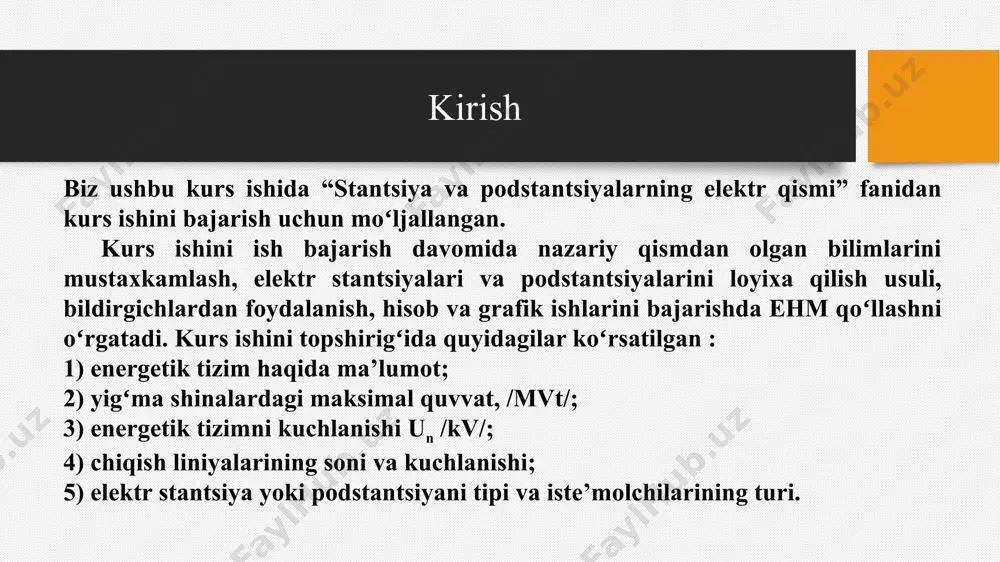 k, rele muhofazasi va avtomatika qurilmasini tanlash yoki tekshirish uchun hisoblanadi. tarmoq elementlarining qarshiligini aniqlash uchun, odatda, hisoblash sxemasida ularning parametrlari nomlangan birliklarda, yoki nisbiy birliklarda koʻrsatiladi. uch fazali qisqa tutashuv toklarini hisoblash quyidagi tartibda olib boriladi: koʻrilayotgan energetik tizimlar uchun hisoblash sxemasi asosida oʻrin almashtirish sxemasi tuziladi: asta–sekin oʻzgartirish yoʻli bilan oʻrin almashtirish sxemani eng sodda koʻrinishga shunday keltiriladi, bunda natijaviy eyuk ma’lum miqdor bilan xarakterlovchi manbalar guruhi yoki xar bir ta’minlovchi manba qisqa tutashuv nuqtasi bilan bitta natijaviy qarshilik xnat orqali bogʻlangan boʻladi. natijaviy qarshilikni bilgan holda om qonuni asosida qisqa tutashuv tokining tashkil etuvchisini boshlangʻich miqdori ipo aniqlanadi. soʻngra zarbiy to k va zarurat tugʻilsa, berilgan vaqt momenti t uchun qisqa tutashuv tokining davriy va boshlangʻich tashkil etuvchisi aniqlanadi. 110 kv 10 kv tp-1 tp-2 yuk pk k-1 k-2 qisqa tutashuv tokini hisoblash elektr tizim sxemasi podstansiyalarni elektr jihozlarini tanlash. tanlangan bosh sxemaga asosan elektr jihozlarini soni …