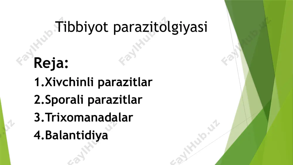 rining yuqumli shikastlanishi.u shifokorlar tomonidan boshqa patologiyalar belgisi sifatida qaraladi: kolpit, sistit, proktit.45-50% hollarda u boshqa jinsiy a'zolar fonida rivojlanadi. infektsiyalar: gonoreya, kandidoz, xlamidiya va boshqalar. trixomonadoz kasalligini chaqiruvchilar bo’lib, uch turni o’z ichiga oladi: 1.ichak trixomonadasi - trichomonas hominis; 2. qin trixomonadasi - trichomonas vaginalis; 3.og’iz trixomonadasi - trichomonas tenax. ichak trixomonadasi odamning yo’g’on ichagida parazitlik qiladi. qin trixomonadasi esa ayol va erkaklarning siydik va jinsiy yo’llarida hayot kechiradi. trixomonadalarning tanasi oval shaklida bo’lib, orqa qismi ingichkalashib ketgan. uzunligi 5-10 mkm (ichak trixomonadasi) va 15-30 mkmgacha (qin trixomonadasi) bo’ladi. balantidium coli ham kiradi. uning tanasi loviyasimon bo’lib, odamning yo’g’on ichagi devorida parazitlik qilib, jaroxat xosil qiladi va xavfli qonli ichburug’ kasalligini vujudga keltiradi. odamlarga bu parazitlar cho’chqalar orqali yuqadi. chunki, balantidiy cho’chqa, sichqon va kalamushlar ichagida ham parazitlik qiladi. cho’chqalarning tezagi orqali parazitning sistalari tashqariga chiqadi va odamlar bu sistalarni yutib balantidiy bilan kasallanadi. demak, balantidioz bilan ko’pincha cho’chqachilik …