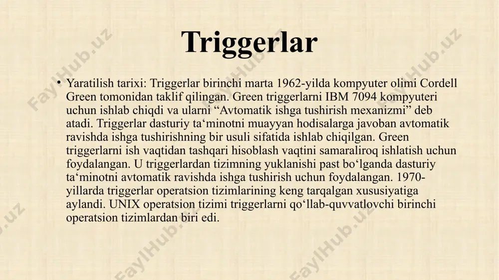 erlar ko‘plab dasturiy ta‘minot turlarida qo‘llaniladi. trigger (bistabil multivibrator) bir nechta kirish va 2 chiqishga ega raqamli qurilma. trigger — bu maʼlumotlarni yozib olish va saqlash uchun moʻljallangan, ikkita barqaror muvozanat holatiga ega boʻlgan ketma-ket turdagi qurilma. kirish signallari taʼsirida trigger bir barqaror holatdan ikkinchisiga oʻtishi mumkin. bunday holda, uning chiqishidagi kuchlanish keskin oʻzgaradi. trigger raqamli texnologiyaning asosiy elementlaridan biridir. baʼzi tadqiqotchilar triggerni 100 ta buyuk ixtiroga kiritadilar. trigger — bu ramning elementar hujayrasi. trigger — bu fikr-mulohaza bilan mantiqiy funksiyani bajaradigan eng oddiy qurilma, yaʼni kibernetikadagi eng oddiy qurilma. rs-triggerlar rs-trigger — bu raqamli elektronikaning asosiy elementlaridan biri bo‘lib, u ikki holatli (0 va 1) bo‘lishi mumkin. u asosan ma‘lumotlarni saqlash va uzatish uchun ishlatiladi. rs-triggerlar asosan ikkita kirish (r va s) va ikkita chiqish (q va q‘) ga ega. asosiy tushunchalar: kirishlar: r(reset) – ushbu kirish orqali triggerni chiqishini 0 holatga keltiriladi. s(set) – ushbu kirish orqali triggerni …
