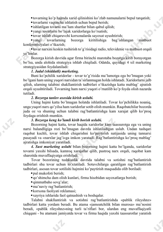 sovg’alar, lotereya va uyinlar o’tkazish, tovar bilan qo’shimcha narsalar qo’shib berish, bepul yetkazib berish va o’rnatish, ma’lum muddatda sotilgan tovarga bepul xizmat ko’rsatish va boshqalar kiradi. sotishni rag’batlantirishda tovar to’g’risida ma’lum darajada axborotga ega bo’lmagan iste’molchilarga murojat qilinadi. shuning uchun rag’batlantirish siyosatining vazifasi - ularda firma tovarlarini keyingi vaqtda sotib olishga ishtiyoq tug’dirish hamda doimo aloqada bo’lishga chiqarishdan iborat. odatda talabni shakllantirish tadbirlari iste’molchilarga va sotuvchilarga qaratilgan bo’ladi. iste’molchilarni rag’batlantirish ularga sezilarli tijorat imtiyozlari berishni ko’zda to’tadi: · tovarni sotib olish hajmiga va doimiy aloqada bo’lib turishga beriladigan imtiyoz; · har xil shakldagi qarzlarga tovar sotish; · tovarning ko’p hajmda xarid qilinishini ko’zlab namunalarni bepul tarqatish; · tovarlarni vaqtincha ishlatish uchun bepul berish; · ishlatilgan tovarni ma’lum shartlar bilan qabul qilish; · yangi tovarlarni bo’lajak xaridorlarga ko’rsatish; · tovar ishlab chiqaruvchi korxonalarda sayoxat uyushtirish; · yangi tovarlarning bozorga kiritilishiga bag’ishlangan matbuot konferentsiyalari o’tkazish; · tovar narxini keskin tushirish to’g’risidagi radio, …