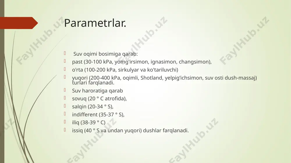l disfunktsiya, gemorroy. qo'llash mumkin bo'lmagan holatlar. o'tkir yallig'lanish kasalliklari yoki ichki organlarning surunkali kasalliklari qo’zishi, vegetativ polinevropatiyalar, gipotoniya kasalligi, retsidivlanuvchi tromboflebit, yurak ishemik kasalligi, iii-iv fs zo’riqish stenokardiyasi, ho’llanib turuvchi dermatit. parametrlar chuchuk suvli vannalardagi suv harorati 15 dan 40 ° c gacha o'zgarib turadi. uning darajasiga qarab, vanna sovuq (20 ° c atrofida), salqin (20-34 ° c), indifferent (35-37 ° s), iliq (38-39 ° c) va issiq (40 ° c va yuqorida) turlarga ajratiladi. ular bilan birgalikda kontrastli vannalar va asta-sekin harorati ko’tariluvchi vannalar ham mavjud. vannada, inson tanasining suvga kiritishiga qarab, mahalliy, belgacha va umumiy vannalar farqlanadi. ular uchun ishlatiladigan chuchuk suv miqdori mos ravishda 30, 120-150 va 200-250 litrni tashkil etadi. gazli vannalar gaz bilan to'yitirilgan chuchuk suvning bemor tanasiga terapevtik ta'sir ko'rsatishi. u tanaga mexanik, termik va kimyoviy ta'sir ko'rsatadi.gaz bilan to'yingan suvga cho'mgan bemorda teriga gaz pufakchalari ("gaz plashi") qo’nadi. ikki fazali "suv-gaz" suv …