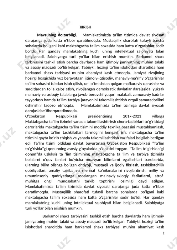 on respublikasi prezidentining 2017-2021 yillarga maktabgacha ta’lim tizimini yanada takomillashtirirsh chora-tadbirlari to’g’risidagi qarorlarida maktabgacha ta’lim tizimini moddiy texnika bazasini mustahkamlash, maktabgacha ta’lim tashkilotlari tarmog’ini kengaytirish, maktabgacha ta’lim tizimini qayta ko‘rib chiqish va yanada takomillashtirish vazifalari belgilab berilgan edi. ta’lim tizimi oldidagi davlat buyurtmasi o‘zbekiston respublikasi “ta’lim to‘g‘risida”gi qonunning asosiy g‘oyalarida o‘z aksini topgan. “ta’lim to‘g‘risida”gi qonun”da uzluksiz ta ‘lim tizimining maktabgacha ta ‘lim va tarbiya tizimida bolalarni o‘quv fanlari bo‘yicha muayyan bilimlarni egallashlari barobarida, ularning bilim olishga bo‘lgan ehtiyoji, mustaqil va ijodiy fikrlash, tashkllotchilik qobiliyatlari, amaliy tajriba va mehnat ko‘nikmalarini rivojlantirish, milliy va umuminsoniy qadriyatlarga asoslangan ma‘naviy-axloqiy fazilatlarni, atrof-muhitga ongli munosabatni tarkib toptirishi lozimligi qayd etilgan. mamlakatimizda ta’lim tizimida davlat siyosati darajasiga juda katta e’tibor qaratilmoqda. mustaqillik sharofati tufayli barcha sohalarda bo‘lgani kabi maktabgacha ta’lim soxasida ham katta o‘zgarishlar sodir bo‘ldi. har qanday mamlakatning kuchi uning intellektual salohiyati bilan belgilanadi. salohiyatga turli yo‘llar bilan erishish mumkin. barkamol shaxs tarbiyasini tashkil …