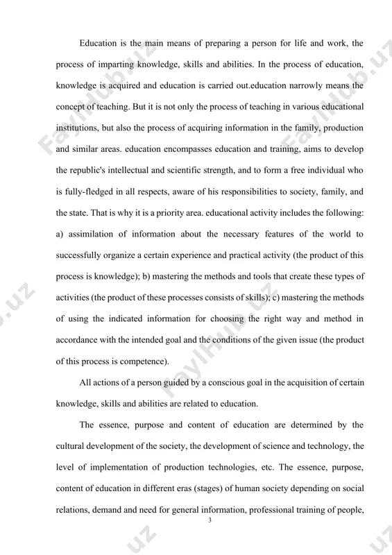 pment of science and technology, the level of implementation of production technologies, etc. the essence, purpose, content of education in different eras (stages) of human society depending on social relations, demand and need for general information, professional training of people, ideas about education, forms of organization, methods and means of implementation it changes and improves. in essence, education is the result of the collaborative activities of the participants in this process. in the process of education, a person's outlook, abilities, qualities (characteristics) change. in the process of education, the socio-historical experiences of the individual society are assimilated by students, and in this way, it provides spiritual-cultural, social, social succession between generations. the methodological basis of education is the theory of dialectic knowledge. vocational pedagogy is a branch of general pedagogy, which provides a number of theoretical and practical information about upbringing, education, teaching. vocational pedagogy deals with issues of industry, …