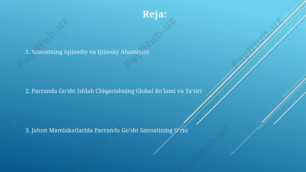 ishloq xoʻjaligida ish bilan bandlikning muhim manbai hisoblanadi va milliy yalpi ichki mahsulotga (yaim) sezilarli hissa qo'shadi. parrandachilik sanoatida texnologiyalar va innovatsiyalar sun'iy intellekt asosidagi monitoring tizimlari kasalliklarni erta aniqlash imkonini berib, oʻlim darajasini 5-10% ga pasaytiradi va antibiotiklarga boʻlgan ehtiyojni kamaytiradi. parrandachilikda avtomatlashtirilgan tuxum yigʻish tizimlari samaradorlikni 20-30% ga oshirib, mehnat xarajatlarini kamaytiradi va sifatni nazorat qilishni yaxshilaydi. 3d bioprinting texnologiyasi yordamida sun'iy goʻsht ishlab chiqarish kelajakda parrandachilik mahsulotlariga boʻlgan talabni qondirishda muhim rol oʻynaydi, resurslarni tejaydi. kelajakdagi istiqbollar va qiyinchiliklar qushlar grippi kabi yuqumli kasalliklarning tarqalishi parranda chorvachiligi sohasiga katta iqtisodiy zarar yetkazishi va global oziq-ovqat xavfsizligiga tahdid solishi mumkin, shu sababli kasalliklar profilaktikasi va nazorati muhim ahamiyat kasb etadi. parranda goʻshti ishlab chiqarishda yuqori darajadagi avtomatlashtirish va sunʼiy intellekt texnologiyalarining qoʻllanilishi samaradorlikni 15-20% ga oshirishi mumkin, ammo bu katta investitsiyalarni va malakali mutaxassislarni talab qiladi. jahon aholisining 2050-yilga kelib 9 milliard kishiga yetishi prognoz qilinmoqda, bu esa …