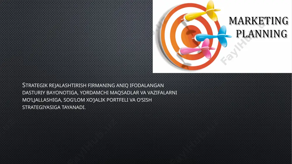i tanlash bilan amalga oshiriladi. bu quyidagicha ifodalangan. bkg matrisasi yuqori past nisbiy bozor ulushi swot tahlil – marketing tahlilining oddiy va keng tarqalgan turlaridan biri hisoblanadi. swot tahlil quyidagicha tavsiflanadi: s (strengths) – firmaning kuchli tomoni; w (weaknesses) – firmaning kuchsiz tomoni; o (opportunities) – imkoniyatlari; t (threats) – tazyiqlar. 6. marketing dasturini ishlab chiqish ketma-ketligi va asosiy boʻlimlari tavsifi marketing dasturini namunaviy tuzilishi oʻzida quyidagilarni mujassamlashtiradi: maqsadli bozor tavsifnomasi va rivojlanish bashorati, shuningdek, marketingni makro va mikromuhit omillarini; maqsadli bozorda firmaning bozor pozisiyasi xulq-atvorini asoslangan strategiya va taktikasini tanlash; tovar, kommunikasiya, sotish, narx va kadrlar siyosati boʻyicha asoslangan marketing kompleksini ishlab chiqish; dasturni moliyalashtirish manbalari va uni amalga oshirishni nazorat qilish. image2.jpeg image3.png image4.jpeg image5.jpeg image6.jpeg image7.jpeg image8.jpeg image9.png image10.jpeg image11.jpeg image12.png image13.jpeg image14.png image15.jpeg image16.png /docprops/thumbnail.jpeg
