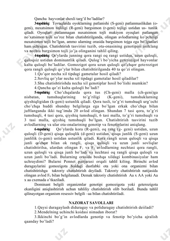 chatishtirilgan. birinchi bo’g’in (f1) o’zaro juftlangan. ikkinchi bo’g’inda (f2) 32 ta hayvon olingan. birinchi bo’g’in (f1) sigirlar necha xil gametalar hosil qilishlari mumkin? ikkinchi bo’g’inda (f2) necha xil fenotiplar uchraydi? ikkinchi buginda (f2) necha xil genotiplar uchraydi? qancha hayvonlar qizil shoxsiz bo’ladilar? qancha hayvonlar shoxli targ’il bo’ladilar? 3-topshiriq: tovuqlarda oyoklarning patlanishi (s-geni) patlanmaslikdan (o-geni), nuxatsimon tojliligi (r-geni) bargsimon (r-geni) tojligi ustidan us- tunlik qiladi. oyoqlari patlanmagan nuxatsimon tojli makiyon oyoqlari patlangan no’xatsimon tojli xo’roz bilan chatishtirilganda, olingan avlodlarning ko’pchiligi nuxatsimon tojli bo’lgan, ammo ularning orasida bargsimon tojga ega bo’lganlari ham uchragan. chatishtirish tasvirini tuzib, ota-onasining genotipini aniklang va nechta bargsimon tojli jo’ja olinganini tahlil qiling. 4-topshiriq: qo’ylarda junning qora rangi oq rangi ustidan, uzun quloqli, quloqsiz ustidan dominantlik qiladi. qulog’i bo’yicha geterozigot hayvonlar kalta quloqli bo’ladilar. gomozigot qora uzun quloqli qo’chqor geterozigot qora rangli quloqli qo’ylar bilan chatishtirilganda 40 ta qo’zi olingan. 1.qo’qor necha xil tipdagi gametalar hosil qiladi? 2.sovliq …