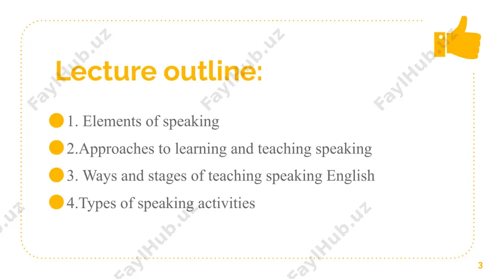 coffee? the adjacency pair is either yes, please or no, thank you. 13 there are three key elements to remember when planning and setting up speaking activities: 1. language used 2. preparation 3. reason for speaking 14 1. language used (when planning any speaking activity with students, analyse carefully the language they will be using to carry out the activity.) 2. preparation (preparation is vital as it will help students to speak more easily. one aspect of preparation is warming students up to the subject matter. it’s also important to give students time to prepare what they are going to say and how they’re going to say it) 3. reason for speaking (students need to feel that there is a real reason for speaking. this is often referred to as the communicative element. make sure there is a reason for speaking; i.e. that the students are communicating something the others …