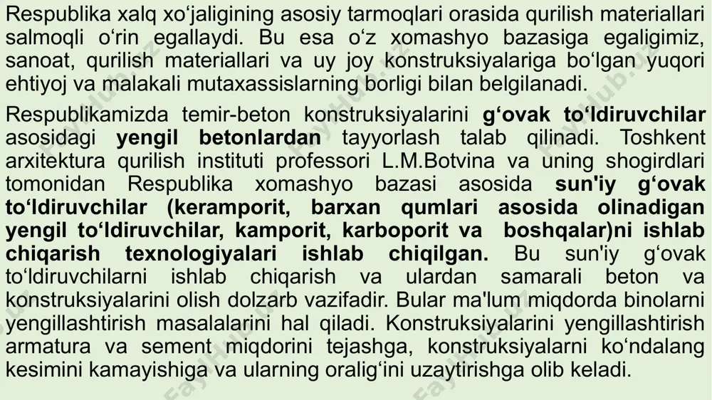 ardan foydalanish betonning narxini arzonlashtiradi, chunki to‘ldiruvchi betonning 85-90% ni, sement esa 10-15% hajmini tashkil etadi. keyingi yillarda qurilishda g‘ovak sun'iy to‘ldiruvchilardan tayyorlangan yengil beton keng ko‘lamda qo‘llanilmoqda. g‘ovak to‘ldiruvchilar beton zichligini pasaytiradi, bu esa uning issiqlikni tutib qolish xususiyatini yaxshilaydi. qurilish qorishmalari uchun ishlatiladigan to‘ldiruvchilar qurilish qorishmalarida yirik va mayda to‘ldiruvchilar qo‘llaniladi. donalari 5 mm dan kattaroq yirik to‘ldiruvchilarni shag‘al va chaqiq tosh turlariga ajratiladi. betondagi mayda to‘ldiruvchilar tabiiy va sun'iy qum hisoblanadi. chaqiq toshni tog‘ jinslarini maydalash orqali olinadi. qurilishda aksariyat ohaktosh va granitdan olingan chaqiq toshlar ishlatiladi. shag‘al sirti tekis va shamolda nuragan tog‘ jinslarini noanik aralashmasini ifodalaydi. odatda, donalari turli yiriklikdagi shag‘al-qum aralashmalar uchraydi. yengil betonlar uchun g‘ovakli tog‘ jinslaridan olingan tabiiy chaqiq tosh (tuf, pemza va boshqalar) yoki ko‘p hollarda maxsus sun'iy tayyorlangan to‘ldiruvchilar ishlatiladi (keramzit, agloporit, shlakli pemzasi va boshqalar). qum o‘zida uvalangan mayda zarrali tarkibni ifodalab u tog‘ jinslarining shamol ta'sirida nurashi natijasida …