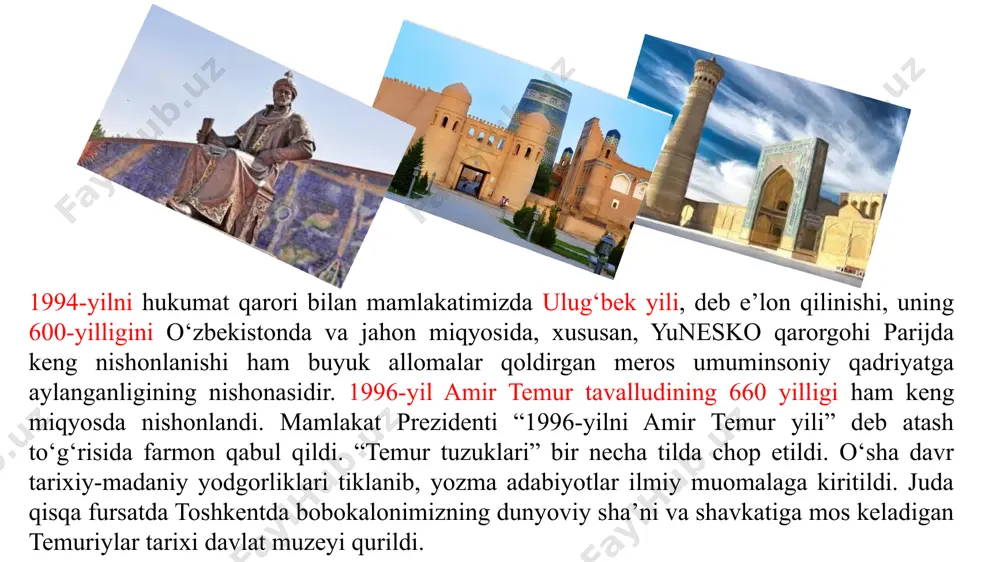 honlandi va shahar “do‘stlik” ordeni bilan mukofotlandi. 2006-yil – qarshi shahrining 2700 yilligi nishonlandi. 2006-yil – xorazm ma’mun akademiyasining 1000 yilligi nishonlandi. 2007-yil – samarqand shahrining 2750 yillik yubileyi o‘tkazildi. 2007-yil – marg‘ilon shahrining 2000 yillik yubileyi o‘tkazildi. 2009-yil – o‘zbekiston respublikasi poytaxti toshkent shahrining 2200 yilligiga bag‘ishlangan tantanali marosim o‘tkazildi. prezidentimiz shavkat mirziyoev yangi o'zbekistonni bunyod etish g'oyasini ilgari surar ekan, ushbu buyuk maqsadga erishish uchun, avvalo, ilm-fanni rivojlantirish, zamonaviy ilm-fan yutuqlarini puxta egallash, eng yangi texnika va texnologiyalarni o'zlashtirish, ijtimoiy-iqtisodiy hayotimizga axborot texnologiyalarini joriy qilish, dunyoda inson taraqqiyotini ta'minlashga xizmat qiladigan barcha ilg'or g'oyalarni o'zlashtirishdek pragmatik siyosatni amalga oshirish vazifasini kun tartibiga qo'ymoqda. yuqoridagi hayotbaxsh g'oyalarda jahonshumul mazmun va mohiyat, tarixiy asos yotibdi. negaki, xalqimiz o'z o'tmishida ikkita renessans shukuhini vujudidan o'tkazgan. birinchisi — sharq uyg'onish davri deb ataladigan va insoniyat sivilizatsiyasi rivojiga katta hissa qo'shgan ix-xii asrlar renessansi, ikkinchisi — temuriylar renessansi — xiv-xv asrlarda dunyo ilm-fani, …