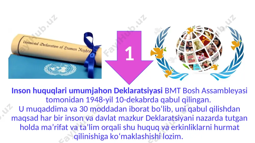 g barcha huquqlari va asosiy erkinliklarini rag‘batlantirish ushbu konvensiyaning maqsadi: ularga xos qadr-qimmatni hurmat qilishni rag‘batlantirishdir himoya qilish hamda to‘la va keng amalga oshirilishini ta’minlash 2015-yil 21-may kuni koreya respublikasining inchxon shahrida ta’lim 2030: hamma uchun inklyuziv va teng sifatli ta’lim hamda umrbod ta’limni ta’minlashga qaratilgan deklaratsiya qabul qilindi. 2015-yil may oyida inchxon (koreya respublikasi) da ta'lim bo‘yicha jahon forumi bir maqsad bilan birlashtirilgan 160 mamlakatdan 1600 nafar ishtirokchini jamladi. 4. inchxon deklaratsiyasi inchxonning “тa’lim-2030” deklaratsiyasi barqaror rivojlanish maqsadini shakllantirish uchun ishlatilgan. deklaratsiyada “taʼlim-2030” harakatlar dasturining asosiy elementlari muhokama qilindi va kelishib olindi. ta'lim-2030. barqaror rivojlanish maqsadi. asosiy tamoyillar tamoyillar universal qabul qilish miqdori barcha bosqichlarda ta'lim olish imkoniyatini kengaytirish tenglik adolat, inkluzivlik va gender tengligiga e'tibor berish insonning asosiy huquqi va jamoat farovonligi hayot davomida keng qamrovli ta’lim ta’lim - 2030 yilgacha: ta'limga yangicha qarashning maqsadlari: . taraqqiyotning asosiy omili sifatida ta’limning muhim rolini e’tirof etgan holda va boshqa …
