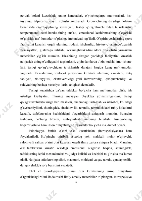qay shaklda ro`y berishini kuzatadi. chet el psixologiyasida o`zini o`zi kuzatishning inson ruhiyati-ni o`rganishdagi rolini ifodalovchi ilmiy-amaliy materiallar to`plangan. introspeksiya yo`nalishining yirik namoyandalari o`zla-rini o`zlari kuzatganlar va to`plagan materiallarini tahlil qilib, umumiy psixologik qonuniyatlarni yaratishga harakat qilganlar. lekin inson turli vaziyatlarda o`zini bir xil boshqara olmaydi va shuning uchun bu metodning ilmiy ahamiyati unchalik katta emas. shunday qilib, kuzatish metodining qulay va samarali jihatlari bilan birga zaif gomonlari ham mavjud. shu sababli insonning mu-rakkab psixikasi boshqa metodlardan foydalanib tadqiq qilinadi. suhbat metodi. bu metod bilan inson psixikasini o`rganishda suhbatning maqsadi va vazifasi belgilanadi, uning obyekti va subyek-ti tanlanadi, mavzusi, o`tkaziladigan vaqti aniqlanadi, yakka shaxs-lar, guruh va jamoa bilan o`tkazish rejalashtiriladi, o`rganilayotgan narsa bilan uzviy bog`liq savol-javob tartibi tayyorlanadi. suhbat-ning bosh maqsadi muayyan bir vaziyat yoki muammoni hal qilish ja-rayonida inson psixikasidagi o`zgarishlarni o`rganishdir. suhbat or-qali odamlarning tafakkuri, akd-zakovati, xulq-atvori, qiziqishi, tiyrakligi, bilim saviyasi, e`tiqodi, dunyoqarashi, irodasi to`g`ri-sida ma`lumotlar olinadi. suhbat …