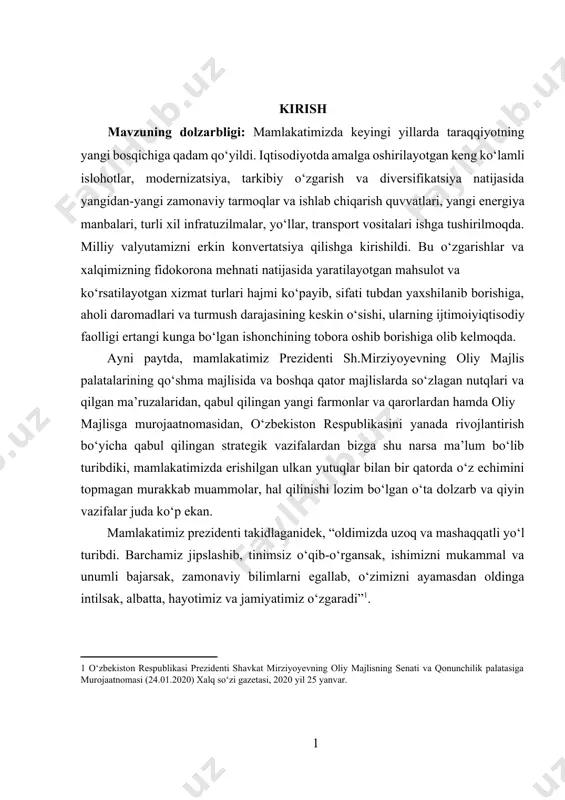 zda erishilgan ulkan yutuqlar bilan bir qatorda o‘z echimini topmagan murakkab muammolar, hal qilinishi lozim bo‘lgan o‘ta dolzarb va qiyin vazifalar juda ko‘p ekan. mamlakatimiz prezidenti takidlaganidek, “oldimizda uzoq va mashaqqatli yo‘l turibdi. barchamiz jipslashib, tinimsiz o‘qib-o‘rgansak, ishimizni mukammal va unumli bajarsak, zamonaviy bilimlarni egallab, o‘zimizni ayamasdan oldinga intilsak, albatta, hayotimiz va jamiyatimiz o‘zgaradi”[footnoteref:1]. [1: o‘zbеkiston rеspublikasi prеzidеnti shavkat mirziyoyevning oliy majlisning sеnati va qonunchilik palatasiga murojaatnomasi (24.01.2020) xalq so‘zi gazеtasi, 2020 yil 25 yanvar. ] bugungi kunda dunyoning turli mintaqalarida sodir bo‘layotgan qaramaqarshiliklarning kuchayib borishi, jahon bozorida vaziyatning tez o‘zgarayotgani dunyoning ko‘plab mamlakatlarida investitsion faollikning susayishi real iqtisodiyotda ishlab chiqarishning o‘sish sur’ati susayishi ro‘y berib, jahon bozorida xarid talabining kamayishi davom etmoqda, ishsizlik darajasi yuqoriligicha qolmoqda, ijtimoiy keskinlik kuchaymoqda. bundan tashqari mamlakatimizdagi ayrim sohalar, tarmoqlar va kompaniyalarda eksport hajmi kamayib, import hajmi oshib ketishi, ko‘plab kapital mablag‘lar sarflanishiga qaramay ishlab chiqarish hajmi va mehnat unumdorligining sust o‘sishi fantexnika taraqqiyoti …