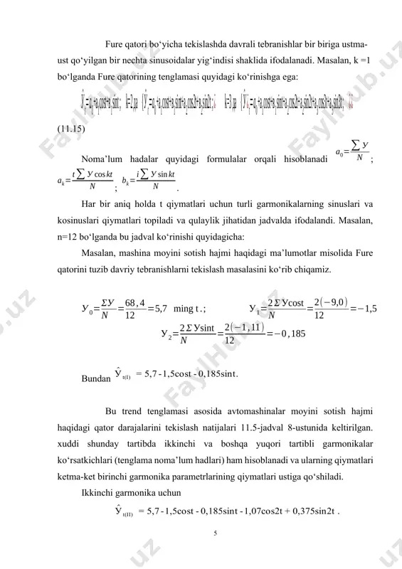 iy tebranishlarini yaqqollashtirib tasvirlash va o‘lchash; -mavsumiylik ta’siridan ko‘rsatkichlarni tozalab, ularning oyma-oy, davrma-davr o‘zgarishlarini sof holda o‘lchash va amaliy masalalarini yechishda foydalanish; -iqtisodiy rivojlanish istiqbollarini belgilashda mavsumiy tebranishlarni hisobga olib tegishli ko‘rsatkichlarni aniqlash. mavsumiy to‘lqinni aniqlash va o‘lchash uchun statistika bisotida bir nechta usullar mavjud. ular ichida eng soddasi mavsumlik indekslarini tuzishdir. buning uchun yillik o‘rtacha daraja hisoblab, u bilan ayrim oy yoki chorak yil darajalari taqqoslanadi, ya’ni (11.16) mavsumlik indekslarni hisoblash dinamika qatorlarida kuzatiladigan mavsumiy tebranishlarni baholash masalasining bir tomonidir. uning ikkinchi tarafi darajalarning umumiy o‘zgaruvchanligi shakllanishida mavsumiy to‘lqinlar rolini aniqlashdan iborat. bu esa umumiy o‘zgaruvchanlik darajasini tasodifiy tebranish, trend va mavsumiy to‘lqinlar hissasiga taqsimlash masalasini tug‘diradi. uni dispersion tahlil yordamida yechish mumkin. bunday tahlil bosqichma-bosqich quyidagi tartibda amalga oshiriladi: 1. barcha yillar uchun oylik yoki choraklik ma’lumotlar asosida trend tenglamasi yoki ko‘p darajalardan sirg‘anchiq o‘rtacha hisoblab, ular asosida tekislangan darajalar aniqlanadi: - bu yerda yil tartib soni, «mavsum» …