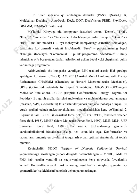 chalik, nddo (neglect of diatomic differential overlap) yaqinlashuviga asoslangan yuqori darajada parametrlangan – mndo, am1 va pm3 kabi usullar yaratildi va yaqin-yaqingacha keng miqyosda foydalanilib kelindi. bu usullar organik birikmalarning xosil bo’lish issiqligi qiymatini va geometrik ko’rsatkichlarini baholash uchun parametrlangan. nddo variantidagi usullarda a va b atomlar dagi orbitallar uchun indo usulidagi 5 xil ta’sirlashuv 22-ta xilga oshirilgan va parametrlangan: ayrim olimlar tomonidan ultrabinafsha (ub)-, infraqizil (iq)- va yadro magnit rezonansi (yamr) spektroskopiya usullari kvant-kimyoning “eksperimental” usullari qatoriga kiritilgan. bu qatorga birikmalarning ionlanish potensialini (kupmans teoremasiga ko’ra eyubmo) aniqlab beruvchi fotoelektron spektroskopiya (photoelectron spectroscopy-pes) usuli kiritilgan. yana shuningdek , oksidlanish va qaytarilish potensialini aniqlovchi polyarografiya hamda electron transmission spektroskopiya (ets) usullari kiritilgan. ets spektroskopiyasi birikmalarning elektronga moyilligini’ ya’ni quyi bo’sh mo energiyalari haqida ma’lumotlar bergan (usul juda kam ishlatiladi). ub-spektroskopiyasi band va bo’sh mo-lar orasidagi energetik farqni aniqlab beradi. iq-spektroskopiya usuli birikmalarning tebranish sathlari va ulardagi o’tishlar haqida ma’lumotlar beradi. …