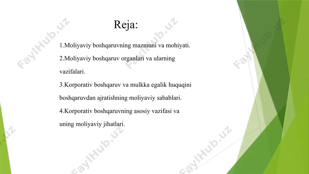 aruvning asosiy metodologik tamoillari quyidagilardan iborat: pirovard maqsadga bog’liqlik; xo’jalik barcha tarmoqlarining makroiqtisodiy muvozanatliligi; jamiyat barcha a’zolarining manfaatlariga mos kelish; iqtisodiy qonunlardan foydalanish; real imkoniyatlar asosida ichki va tashqi iqtisodiy sharoitlarni hisobga olish. moliyaviy boshqaruvning aniq metodlari va shakllari quyidagilardan iborat bo’lishi mumkin: moliyaviy rejalashtirish; bashoratlash (prognozlashtirish); dasturlashtirish; moliyaviy tartibga solish; moliyaviy nazorat; moliyaviy qonunlarni (qonunchilikni) qabul qilish; moliyaviy resurslarni jalb qilish metodlari tizimi. moliyaviy boshqaruv tizimi boshqaruv subyektlari ta’sir instrumentlari boshqaruv obyektlari pirovard maqsad moliyaviy tizim moliyaviy siyosat tizimlar moliyasi moliyaviy barqarorlik prezident; parlament; hukumat; moliya vazirligi; davlat soliq qo’mitasi; markaziy bank; hisob palatasi; va boshqalar. boshqaruv tamoillari; moliyaviy bashoratlash; moliyaviy dasturlash; moliyaviy rejalashtirish; moliyaviy tartibga solish; moliyaviy nazorat; moliyaviy qonunchilik; moliyaviy tahlil. byudjet fondlarini shakllantirish va foydalanish bo’yicha munosabatlar; byudjetdan tashqari davlat maqsadli fondlarini shakllantirish va foydalanish bo’yicha munosabatlar; sug’urta fondlarini shakllantirish va foydalanish bo’yicha munosabatlar. makroiqtisodiy muvozanat; byudjet rejalarining profitsitligi; davlat qarzining mavjud emasligi; mustahkam (barqaror) milliy …
