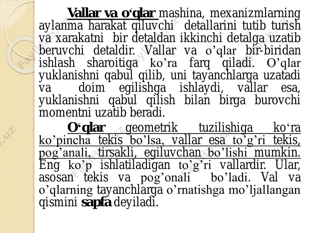 guvchi va aylantiruvchi momentlar epyurasi xarakterini val pog’onasimon shaklini va kuchlanishlar to’plangan joyni inobatga olgan xolda val xavfli kesimi belgilanadi va toliqishga mustaxkamlik tekshiriladi. xar bir xavfli kesim uchun yigindi ekvivalent moment aniqlanadi 4. epyuralar quriladi мх, мy, mр, т, мэ: ;22 yxp mmm  .22 tmm pэ   valni xavfli kesimi aniqlangandan so’ng hisobiy usulda uning xaqiqiy mustahkamlik ehtiyot koeffitsiyenti s topilib uni joiz etilgan sσ sτ / √ sσ 2 sτ 2 ≥ [s] [s] qiymati bilan solishtiriladi: sσ – эгилиш бўйича мустаҳкамлик хавфсизлик коэффициенти; sτ -буралиш бўйича мустаҳкамлик эҳтиёт (хавфсизлик) коэффициенти. жоиз эҳтиёт козффициенти [s] =1,5...2,5. [s] -нинг юқори қиймати валнинг ишлаш шароитига қараб белгиланади. σα, τα - кучланиш циклининг ўзгарувчан қисми; σm , τm – кучланиш циклининг ўзгармас қисми; σ-1 , τ-1 – вал материалининг чидамлилик чегараси; kσ , kτ -эгилиш ва бурилиш бўйича белгиланган кучланишларни тўпланиш коэффициентлари; kd , kf -вал диаметрини ва сирт …