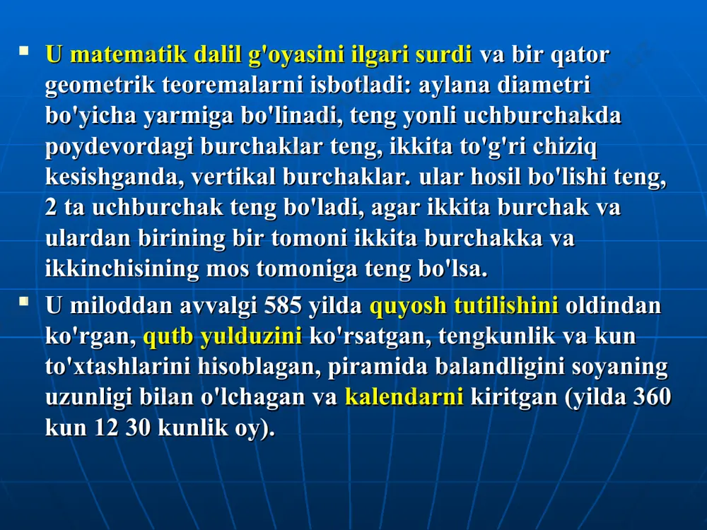 ks harakati cheksiz hosil qiladi xudolar tomonidan yaratilmagan ko'plab dunyolar, va tabiiy ravishda paydo bo'ling va yo'q qiling, zarurat qonuniga ko'ra. tuyg'ular va aql orqali dunyoni tushunish. platon (miloddan avvalgi 428-348) - qadimgi yunon faylasufi - g'oyalar haqidagi ta'limot. platon - tabiatshunoslik bo'yicha dialoglar muallifi - "fedr" - ta'limot g'oyalari, "teaetet" - bilim nazariyasi, "timey" - tabiat falsafasi. - xudo olamning barcha tarkibiy qismlarini buyurdi, 2 ta dunyo bor: 1) g'oyalar dunyosi (abadiy, umumiy va o'zgarmas dunyo mohiyatlar) - birlamchi, faqat aql tomonidan tushuniladi; 2) hissiy narsalar dunyosi (ko'pchilikning moddiy dunyosi narsalarni o'zgartirish) - ikkinchi darajali, birinchisidan olingan. -materiya g'oyalar olamining proyeksiyasi, soyasidir, materiya haqiqatga aylanishi uchun unda g'oya mujassam bo'lishi kerak. tuyg'ular haqiqiy bilim manbai bo'la olmaydi, chunki... ob'ektiv dunyo chegarasidan tashqariga chiqmang, haqiqiy bilimga insonning o'lmas ruhining o'lik tanaga kirishdan oldin o'ylab ko'rgan g'oyalar olami haqida xotirasi natijasida erishish mumkin. -mavjudlik raqamlar bilan ifodalanadi, dunyoning mohiyatini bilish, bular. …