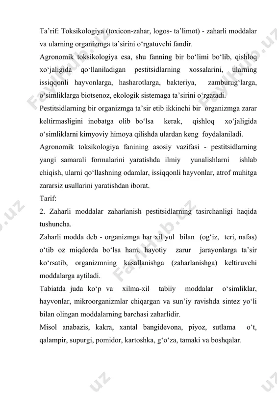 i moddalar organizmdan tashqarida hosil bo‘lsa, ayrimlari to‘g‘ridan-to‘g‘ri organizm ichida hosil bo‘ladi. zaharlilik - deganda tirik organizm bilan moddalar o‘rtasidagi o‘zaro ta’sirga aytiladi. zahar- bu doimo kimyoviy moddadir. bu moddalar o‘zi yolgiz, yakka olinganda yoki o‘lik organizmga ta’sir etdirilganda- zaharlilik xususiyatini yuqotadi va zaharlilik kobiliyatiga ega bulmay qoladi. ayrim paytlarda organizmga beriladigan miqdorini asta-sekinlik bilan kamaytirib, ozaytirib berilganda pestitsidlar organizmga sodir bo‘ladigan patalogik o‘zgarishlarni susaytira borishi xatto yo‘qotishi mumkin; shunga asoslanib xulosa qilish mumkinki, organizmning pestitsidlarga bo‘lgan sezgirligi ularning miqdori bilan aniqlanadi. misol: ayrim kishilar hatto zaharli moddalarni asta-sekin iste’mol qilib, kasallikni davolaydilar. organizmning pestitsidlarga chidamligini paydo bo‘lishi va ortib borishi; bu organizmning o‘ziga xos biologik xususiyatlaridan biri bo‘lib, pestitsidlarning zaharlash qobiliyatiga teskari harakatidir. chidamli organizm, zaharli modda bo‘lgan sharoitda ham normal o‘sib, normal rivojlanib, ko‘payib borishi mumkin. chidamlilik va chidamsizlik pestitsidning zaharliligi bilan bog‘liq, ayniqsa bunda tanlab ta’sir etishi katta ahamiyatga ega. chidamlilik o‘z navbatida tabiiy va sun’iy yoki …