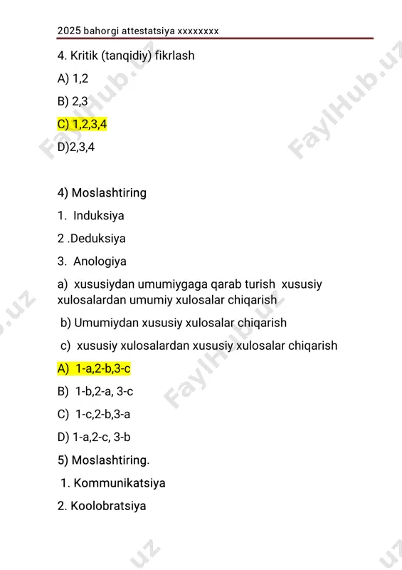 oyonqilgan? a)didaktikqobilyat 2025bahorgiattestatsiyaxxxxxxxx b)kommunikativqobilyat c)konstruktivqobiliyat d)bilishqobiliyati 8)atamalarnita'rifibilanmoslashtiring 1.bilim 2.ko'nikma a)egallanganbilimlarninganiqhattiharakatdagiifodasi, o'zlashtirilganbilimlarniamaliyotgaqo'llashusullarini egallash b)o'quvjarayoniningtashqitashqiifodasiuningichki mohiyati,mantig'imazmuniuchunqobiq c)ma'lum birfanninazariyo'zlashtirishniaksetiradigan insong'oyalariyig'indisi a)1-a,2-c b)1-b,2-c c)1-c,2-a d)1-a,2-b 9)4kmetodlarinito'g'riketma-ketlikdajoylashtiring. 1.kretik 2.kreativlik,3.koolobratsiya 4. kommunikatsiya a)2,3,4,1 b)2,1,3,4 c)3,4,2,1 2025bahorgiattestatsiyaxxxxxxxx d)1,2,3,4 10)11-sinfdao'quvchilario'zarourishibqolishdi.sinf rahbarivaziyatnieshitib,unianiqladivabolalarni yarshtiribqo'ydi.bugapsinfdantashqarigachiqmasligini aytdivaularniuylarigaruxsatberdi.ushbuvaziyatda o'qituvchiningqandayqobilyatinamoyonbo'lmoqda? a)kommunikativ b)bilish c)perseptiv d)mantiqiy 11)pisatadqiqotlariharnechayildao'tkaziladi? a)2yilda b)4yilda c)6yilda d)3yilda 12)pedagogiknizoturlarinibelgilang 1.tezdayakuntopadigannizolar, 2.uzoqmuddatdavom etadigannizolar 3.kuchsizsustkechadigannizolar. 4.kuchlitezkechadigannizolar a)1,2 b)3,4 2025bahorgiattestatsiyaxxxxxxxx c)2,3 d)1,2,3,4 13)pedagogiknizodayordam turlariniko'rsating. 1.maslahatberish 2.tashxislash 3.axborotliyordam ko'rsatish 4.amaliytreninglaruyushtirish a)1,2 b)2,3 c)1,2,3 d)1,2,3,4 14)pedagogota-onalarvao‘quvchilarbilansuhbatda, so‘zboyliginingkengligi,fikryuritayotgandamavzuga nisbatanchuqurbilimgaegaekanligi,bilimlarinio‘z tafakkuridoirasidatahlilqilaolishininamoyonetadi. suhbatjarayonidagaplarningketma-ketligi,bir-biriga to‘g‘rikelishivaizchilligihammanihayronqoldiradi. bundapedagognutqiningasosiyxususiyatlaridanqaysi birinimohironaqo‘llaganhisoblanadi? a)nutqningmantiqliligi b)nutqningtozaligi c)nutqningifodaliligi d)nutqninggo‘zalligi 2025bahorgiattestatsiyaxxxxxxxx 15)yangimaktabyiliboshidabiro‘quvchio‘z sinfdoshlarigaqo‘sh