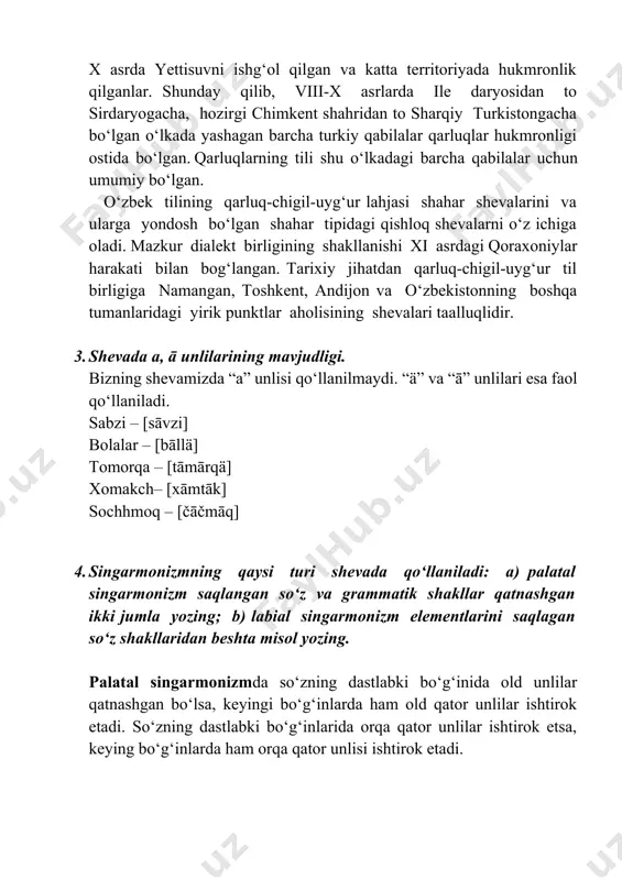 ] 10. h undoshi talaffuzda bormi? u qaysi o‘rinlarda o‘zining adabiy tildagi mavqeyini saqlab qoladi? misollar keltiring. h undoshi talaffuzda yo‘q bo‘lsa, uning adabiy tildagi o‘rni qanday to‘ldiriladi? misollar yozing. shevamizda “h” undoshi mavjud. lekin, ba’zi bir o‘rinlarda “h” tovushi o‘rniga “x” tovushi ishlatilib talaffuz qilinadi. bahor – [bäxār] hikmat – [xikmät] nihol – [nihāl] hurmat – [xürmät] baho – [bäxo] rahbar– [räxbär] 11. adabiy tildagi f undoshi shevalarda qanday variantlarga ega bo‘ladi? misollar yozing. iflos – [iplās] afzal – [ävzäl] 12. b undoshi v va p ga o‘tishi mumkinmi? misollar yozing. shevamizda “b” undoshining “p” undoshiga o‘tish hodisasi ko‘p uchraydi. “v” undoshiga o‘tish hodisasi esa juda kam. maktab – [mäjtäp] bob – [bāp] sabab– [säbäp] sabzi– [sāvzi] yubor– [jüvār] 13. l undoshining so‘z boshida qo‘llanishiga misollar keltiring. lobar – [lābär] lag‘mon – [läγmān] laylak – [läjle] loviya – [lāvija] lapotka – [läpätkä] 14. umlaut hodisasiga (āt - ätä) misol …