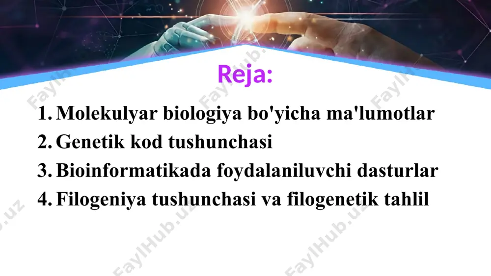w.free-power-point-templates.com dezoksiribonuklein kislota (dnk) — nuklein kislotalarining bir turi hisoblanadi. tarkibida dezoksiriboza, azot asoslaridan adenin (a), guanin (g), sitozin (cytosine) (c) va timin (t) hamda fosfat kislota boʻladi. barcha tirik organizmlar hujayrasida uchraydi va ularda irsiy belgilarni saqlash hamda nasldan-naslga oʻtkazish vazifasini bajaradi. dnk ning nukleotidli tarkibi, yaʼni uning birlamchi strukturasi har bir organizm uchun oʻziga xos va qatʼiy individual boʻlib, biologik informatsiyaning kod shaklda yozilishidir. this presentation uses a free template provided by fppt.com www.free-power-point-templates.com van der vaals modeli dnk tuzilish diagrammasi dnkdagi kimyoviy bog'lanish diagrammasi this presentation uses a free template provided by fppt.com www.free-power-point-templates.com this presentation uses a free template provided by fppt.com www.free-power-point-templates.com genetik kod irsiy axborotni nuklein kislotalar molekulasida nukleotidlar ketma-ketligi tartibida yozishning tirik organizmlarga xos boʻlgan yagona sistemasi blast (ing. basic local alignment search tool – asosiy lokal tekislanishni izlash vositasi) bu kompyuter dasturlaridan biri bo’lib, u oqsil yoki nuklein kislotalar gomologlarini mavjud bazadan …