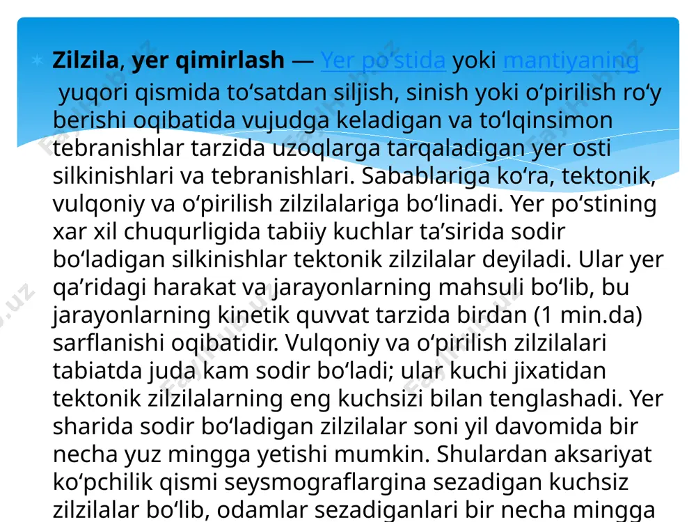 pitsentri deyiladi. epitsentr va gipotsentr oraligʻidagi masofa zilzilaning yer yuzidan chuqurligini koʻrsatadi. zilzila oʻchogʻi oʻrta osiyo hududida, aksariyat hollarda, yer sathidan 5-50 km chuqurlikda joylashgan boʻladi. yer sharining maʼlum hududlarida zilzilalar oʻchogʻi 200— 300, hatto 700 km gacha chuqurlikda boʻlishi ham mumkin. gyandja zilzilasi gyandja zilzilasi — hozirgi ozarbayjon hududining gyandja shahri yaqinidagi 1139-yili 30-sentabr kuni boʻlgan 11 ballik zilziladir. oqibatda 230 ming kishi halok boʻldi, 8 ta koʻl hosil boʻldi (geygel ko'li). bu zilzila tarixdagi eng falokatli 5 zilzilalar toifasiga kiradi. buyuk xitoy zilzilasi buyuk xitoy zilzilasi (xit. 嘉靖大地震) — shensi provinsiyasida 1556-yil 23-yanvar kuni sodir boʻlgan. salkam 830 000 kishi halok boʻldi. epetsentr vey daryosi vodiysida boʻlib, xuasyane shahri butkul yoʻq boʻldi. 20 mlik yoriqlar paydo boʻldi, 500 kmlik hududga zilzila taʼsir koʻrsatdi. zilziladan soʻng ancha vaqt aftershok holati kuzatildi. yamayka zilzilasi 1692-yilning 7-iyun kuni tahminan 11:43 da port-royal shahrida sodir boʻlgan. 2 ming kishi tsunami oqibatida, 3 …