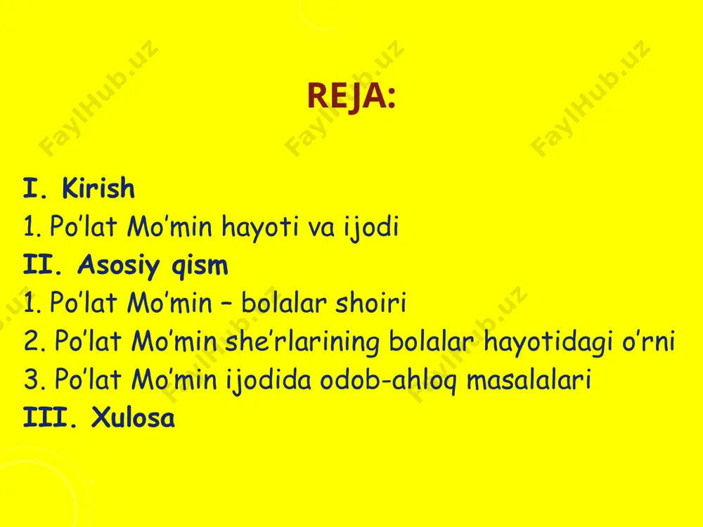 tor to`plamlari uning o`ziga xos ovozga ega talantli shoir ekanligidan dalolat beradi. po`lat mo`min bolalarga qanday ertaklar ma`qul bo`lishini yaxshi biladi. u o`ziga to`qigan ertaklarda bolalarga yangilik beradigan, ular fikrini boyitadigan, tarbiyasiga ijobiy ta`sir etadigan masalalarni qalamga oladi. po`lat mo`minning bolalar uchun yozgan she`rlari, ertaklari yosh avlodni vatanga, hayotga, mehnatga muhabbat, do`stga sadoqat ruhida tarbiyalashga xizmat qiladi.po‘lat mo‘min bolalar adabiyoting yirik namoyondalaridan biri hisoblanadi.u yaratgan asarlar bolalar qalbidan chuqur joy olgan. shoirning o`zi aytganidek: “bolalar adabiyoti bir daraxt bo`lsa, uning rang-barang janrlari turfa shoxlaridir. bir shoxida hikoya, bir shoxida she`r, boshqasida ertak, yana ba`zilarida p`esalar, doston, qo`shiq romanlar…” binobarin, po`lar mo`min ijodi ham xuddi shunday. u adabiyot janrlarininng rang-barang turlaridan unumli foydalangan birgina “oltmish olti oltin qo`l” turkumining o`zida she`riy vaznning o`n ikki xil formasini ishga sola oldi. muhimi, faqat mavzu va janrlar rang-barangligidagina emas, balki ana shu adabiyot forma va usul, uslublarini yagona maqsadga bolalarning g`oyaviy estetik takomiliga xizmat …