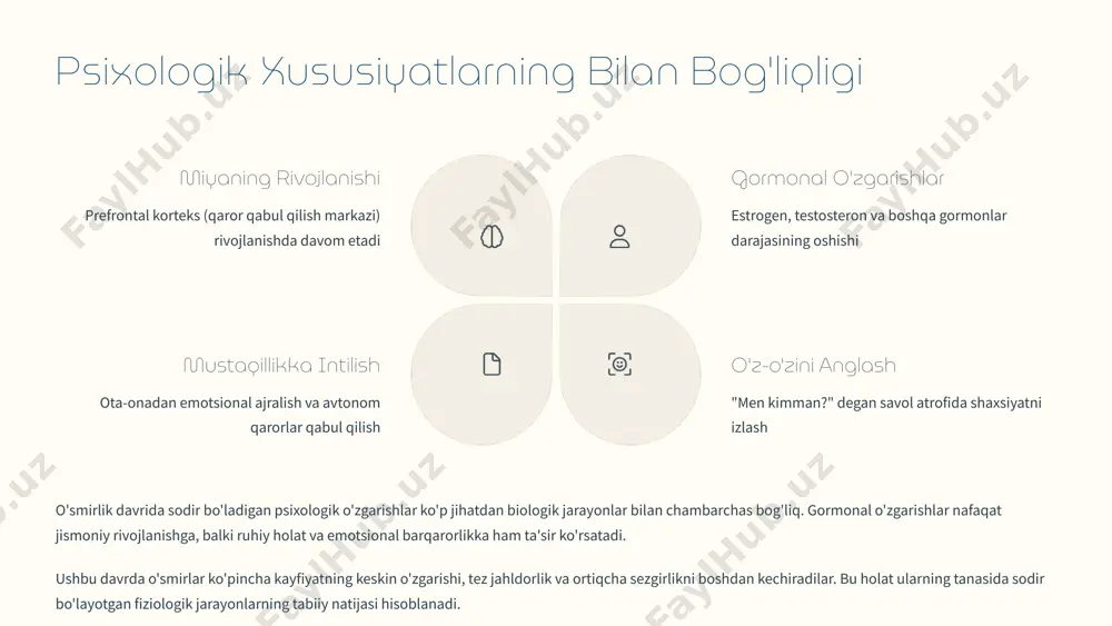 lari – bu davrdagi eng muhim kognitiv ko'nikmalardir. o'smirlar berilgan ma'lumotni passiv qabul qilmay, uni tahlil qilish, baholash va o'z xulosalarini chiqarishni o'rganadilar. bu jarayonda ular yangi g'oyalar va yechimlarni taklif qilishda o'z ijodiy salohiyatlarini namoyon etadilar. zamonaviy ta'lim tizimi o'smirlarda innovatsion fikrlashni rivojlantirishga qaratilgan bo'lib, amaliy tajribalar va loyihaviy ishlar orqali nazariy bilimlarni mustahkamlashga imkon beradi. 8 xulosa va tavsiyalar 60% o'smirlar stressni his qiladi o'smirlarning katta qismi ta'lim va ijtimoiy hayot talablari bilan bog'liq stressni his qiladi 85% qo'llab-quvvatlash samarasi oila va jamiyat tomonidan qo'llab-quvvatlangan o'smirlar psixologik muammolarga kamroq duch keladi 70% sog'lom munosabatlar ota-ona bilan ochiq muloqot o'rnatgan o'smirlar xavfli xulq-atvorga kamroq moyil bo'ladi o'smirlik davri – bu hayotning ajralmas va muhim bosqichi bo'lib, unda shaxsning asosiy xususiyatlari shakllanadi. bu davrda yoshlarga ko'rsatiladigan qo'llab-quvvatlash ularning sog'lom rivojlanishi uchun muhim ahamiyatga ega. ota-onalar, o'qituvchilar va jamiyatning vazifasi – o'smirlarga o'z imkoniyatlarini to'liq namoyon etish uchun qulay sharoit yaratishdir. …