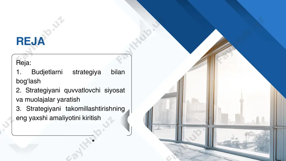 iy bosqichni o’z ichiga oladi: analysis 2 maqsadlarni belgilash (sotuv, foyda, bozor ulushi) tarixiy ma’lumotlarni tahlil qilish prognozlar ishlab chiqish (sotuv, xarajatlar, narxlar) bo‘limlar bo‘yicha byudjetni ishlab chiqish umumiy byudjetni birlashtirish va tasdiqlash monitoring va nazorat (real vs reja) misol: “restoran oyiga 50 mln sotuv rejalashtiradi → xarajatlarni 40 mln cheklaydi → 10 mln foyda” xom ashyo xaridi byudjeti operatsion byudjet tarkibiy qismlari operatsion byudjetga kiruvchilar: ishlab chiqarish byudjeti sotuv byudjeti mehnat haqi byudjeti umumiy ishlatiladigan xarajatlar (uix) byudjeti foyda va zarar hisobi byudjeti moliyaviy byudjet — pul oqimi va balans pul oqimi byudjeti — naqd pul kirimi va chiqimlarini rejalashtirish qachon qancha pul kerakligini bilish kredit olish / qaytarish rejasini tuzish likvidlikni saqlash balans byudjeti — aktivlar, passivlar, kapitalning kelgusi holati nima uchun kerak? misol: “yanvar oyida 100 mln kirimi, 120 mln chiqimi — 20 mln qarzga chiqish kerak” byudjet siyosati — qoidalar va tamoyillar byudjet siyosati — kompaniyaning …