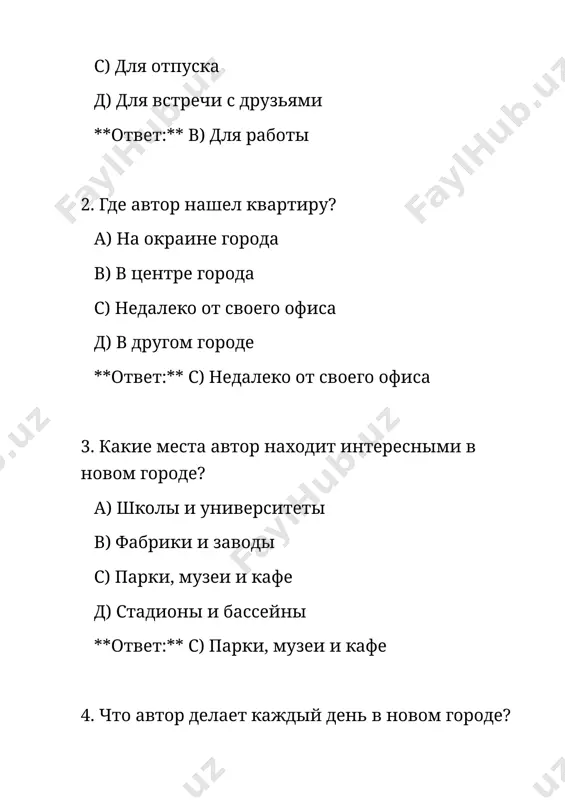 з любимых у автора? а) новостное шоу в) кулинарное шоу с) спортивные передачи д) музыкальные клипы **ответ:** в) кулинарное шоу 3. какие фильмы нравятся автору? а) комедии в) триллеры с) документальные фильмы о природе и животных д) ужасы **ответ:** с) документальные фильмы о природе и животных 4. что автор любит смотреть в выходные? а) детективы в) спортивные передачи с) мелодрамы д) мультфильмы **ответ:** в) спортивные передачи 5. почему автор смотрит новости? а) чтобы посмотреть рекламу в) чтобы быть в курсе событий в мире с) чтобы услышать музыку д) чтобы посмотреть погоду **ответ:** в) чтобы быть в курсе событий в мире 6. какие каналы у автора? а) музыкальные каналы в) развлекательные каналы с) кабельные каналы с разнообразными программами д) только новостные каналы **ответ:** с) кабельные каналы с разнообразными программам музыка (a1) я очень люблю слушать музыку. каждый день я нахожу время, чтобы насладиться своими любимыми мелодиями. моя любимая группа - это …