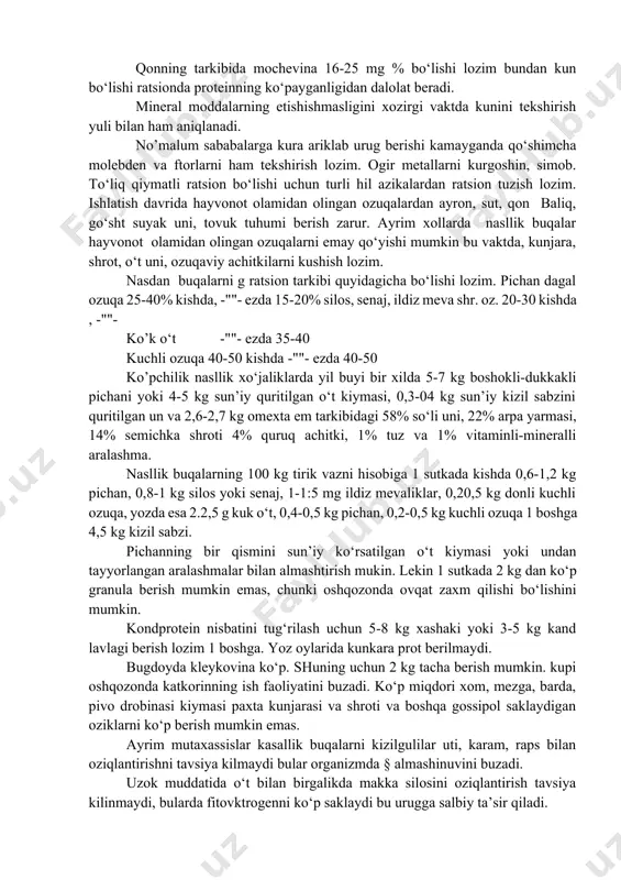 ‘lgan talabi, tirik vazni va kochirishda ishlatishiga jadalligiga qarab belgilanadi. agar yosh usayotgan bulsa 1,0-1,5 o/b kushib beriladi 1 kg o‘sishi uchun 5 o/b hisobida. nasllik buqalarning 100 kg tirik kochirishda ishlatilganda 0,8-1,1 o/b yoki 8,3-12,6 mdj almashinuv energiya. urta ish. 0,9-1,2 o/b -""- 8,9-13,6. ko‘p ish. 1,0-1,3 o/b -""- 10,6-16,2 -""- ratsionda 1 o/b ishlatilmaganda 100 gr. x\p urta ishga 125 g x\p ko‘p ishda 145 g x\p tug‘ri kelishi kerak. kand moddasi ratsionidagi quruq moddaga nisbatan ishlatilmaganda 7%, urta ishlatilganda - 9,1%, ko‘p -""-12,9%. qonning kraxmalga bo‘lgan nisbati 1:1,1-1,2 kand protein nisbati esa 1:0,8-1,2 bo‘lishi lozim, klechatka quruq moddaning 20-25% ni tashqil qilishi kerak qiladi. nasllik buqalarning mineral moddalarga vitaminlarga bo‘lgan talabini kondirish uchun aloxida omexta em aralashmalari tavsiya kilingan, masalan: vij taklifi bo‘yicha kish davri uchun 1 t ozuqaga 2500 xb vitamini a, 270 mln xb vitamin d, 2000 g vitamin e, 1040 g -md, 100 gr.-so, …