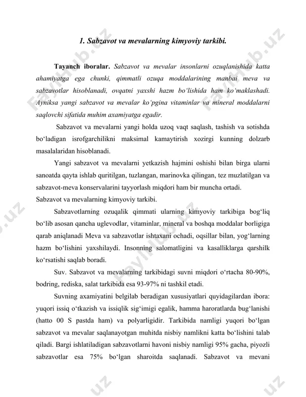 osonlikcha chiqarib yuborish mumkin. sabzavot va mevalarni saqlaganda namligini yo‘qotadi, bu esa ularni massasini yo‘qotishga olib keladi. uglevodlar. sabzavot va mevalarning tarkibidagi uglevodlar asosan monosaxarid va disaxarid ko‘rinishida bo‘ladi. ko‘pgina sabzavot va mevalarni tarkibidagi qandi glyukoza va fruktoza (uzum, karam va boshqalar) ko‘rinishida bo‘ladi. ba’zi bir sabzavot va mevalarda (piyozli sabzavot, shaftoli va boshqalar) saxaroza ko‘rinishida bo‘ladi. qandni kam uchraydigan ko‘rinishi bo‘lgan rafinoza, kisloza, maltoza kam miqdorda (0,5% gacha) uchraydi. qandining miqdori ko‘p bo‘lgan sabzavot va mevalarga uzum (25% gacha), qovunni (15%) misol qilib keltirish mumkin. sabzavot va mevalarni mazasi va rangi, qayta ishlashga loyiqligi, tashishga chidamligi ularning tarkibidagi turli shakldagi qandlarning bir-biriga va kislota miqdoriga nisbatan loyiq bo‘ladi. polisaxaridni turi bo‘lgan kraxmal kartoshkada 20% gacha bo‘lishi mumkin. boshqa sabzavot va mevalarda esa ko‘pi bilan 1% ni tashkil qiladi. pishib yetilmagan sabzavot va mevalraning (olma, behi) tarkibida kraxmalni tarkibi kamroq bo‘ladi. polisaxaridlardan gemitsellyuloza va kletchatka, sabzavot va mevalrani asosan po‘stida …