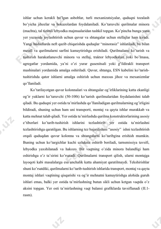 hun quvur va shtangalar uchun stellajlar ham kiradi. yangi hududlarda neft qazib chiqarishda quduqlar “minorasiz” ishlatiladi, bu bilan metall va qurilmalarni sarfini kamaytirishga erishiladi. qurilmalarni ko’tarish va tushirish harakatlanuvchi minora va stellaj, traktor lebyodkalari yoki bo’lmasa, agregatlar yordamida, ya’ni o’zi yurar gusenitsali yoki g’ildirakli transport mashinalari yordamida amalga oshiriladi. quvur, shtanga, esn kabelini ko’tarish-tushirishda qator ishlarni amalga oshirish uchun maxsus jihoz va mexanizmlar qo’llaniladi. ko’tarilayotgan quvur kolonnalari va shtangalar og’irliklarining katta ekanligi og’ir yuklarni ko’taruvchi (50-100t) ko’tarish qurilmalaridan foydalanishni talab qiladi. bu quduqni yer ostida ta’mirlashda qo’llaniladigan qurilmalarning og’irligini bildiradi, shuning uchun ham uni transporti, montaj va qayta ishlar murakkab va katta mehnat talab qiladi. yer ostida ta’mirlashda qurilma konstruktorlarining asosiy e’tiborlari ko’tarib-tushirish ishlarini tezlashtirib yer ostida ta’mirlashni tezlashtirishga qaratilgan. bu ishlarning tez bajarilishini “asosiy” ishni tezlashtirish orqali quduqdan quvur kolonna va shtangalarni ko’taribgina erishish mumkin. buning uchun ko’targichlar kuchi uzluksiz oshirib boriladi, tarnsmissiya tavsifi, lebyodka yaxshilanadi va hakozo. bir …