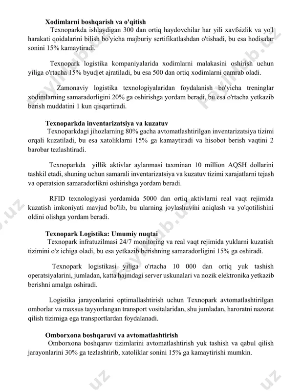 liga o'rtacha 15% byudjet ajratiladi, bu esa 500 dan ortiq xodimlarni qamrab oladi. zamonaviy logistika texnologiyalaridan foydalanish bo'yicha treninglar xodimlarning samaradorligini 20% ga oshirishga yordam beradi, bu esa o'rtacha yetkazib berish muddatini 1 kun qisqartiradi. texnoparkda inventarizatsiya va kuzatuv texnoparkdagi jihozlarning 80% gacha avtomatlashtirilgan inventarizatsiya tizimi orqali kuzatiladi, bu esa xatoliklarni 15% ga kamaytiradi va hisobot berish vaqtini 2 barobar tezlashtiradi. texnoparkda yillik aktivlar aylanmasi taxminan 10 million aqsh dollarini tashkil etadi, shuning uchun samarali inventarizatsiya va kuzatuv tizimi xarajatlarni tejash va operatsion samaradorlikni oshirishga yordam beradi. rfid texnologiyasi yordamida 5000 dan ortiq aktivlarni real vaqt rejimida kuzatish imkoniyati mavjud bo'lib, bu ularning joylashuvini aniqlash va yo'qotilishini oldini olishga yordam beradi. texnopark logistika: umumiy nuqtai texnopark infratuzilmasi 24/7 monitoring va real vaqt rejimida yuklarni kuzatish tizimini o'z ichiga oladi, bu esa yetkazib berishning samaradorligini 15% ga oshiradi. texnopark logistikasi yiliga o'rtacha 10 000 dan ortiq yuk tashish operatsiyalarini, jumladan, katta …