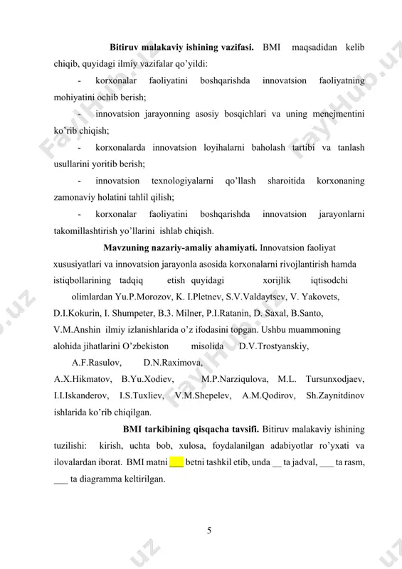 tga keng joriy etishga, yuqori malakali, iqtidorli ilmiy kadrlar sonini ko’paytirishga asoslanadi. bu mamlakatimiz jahondagi iqtisodiyoti va sanoati rivojlangan davlatlar qatoriga kirib borishining zarur sharti va mustahkam poydevori bo’lib xizmat qiladi”[footnoteref:4] deb ta’kidlagan edi. darhaqiqat xxi asr boshida shu narsa ma’lum bo’ldiki, ilmiytexnik rivojlanish darajasi va innovatsion muhit (ilm-fan, ta’lim, yangi texnologiyalarning mahalliy va jahon bozorlari) barqaror iqtisodiy o’sishga asos bo’lishi mumkin ekan. yurtboshimiz mamlakatimizdagi innovatsion o’zgarishlarga e’tibor qilib, “...ishlab chiqarishni modernizatsiya qilish, texnik yangilash va diversifikatsiya qilish, innovatsion texnologiyalarni keng joriy etish – o’zbekiston uchun inqirozni bartaraf etish va jahon bozorida yangi marralarga chiqishning ishonchli yo’lidir”[footnoteref:5] deb, respublikamizda bugungi kunda amalga oshirilishi zarur bo’lgan masalalar, jahon moliyaviy inqirozi, uning ta’siri va salbiy oqibatlari, yuzaga kelayotgan vaziyatdan chiqish yo’llari haqida to’xtalib, ishlab chiqarish va xizmat ko’rsatish sohalarini samarali faoliyat yuritilishi zarurligini ta’kidladi. [4: i.a.karimov. “o’zbekiston xxi asr bo’sag’asida xavfsizlikka tahdid, barqarorlik shartlari va taraqqiyot kafolatlari “– t.: o’zbekiston, 1997 y..260-b.. …