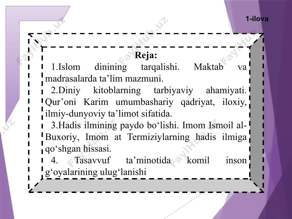 aviy ahamiyati. qur’oni karim - umumbashariy qadriyat, iloxiy, ilmiy-dunyoviy ta’limot sifatida. qur’oni karim-umumbashariy qadriyat sifatida maqsad - shaxs insonni tarbiyalash vazifalari. 1.qur’on-islom aqidalari e’tiqod va talablarini bayon qiladi. qur’on-kiroat о‘qish ma’nosini bildiradi. ilm-sо‘zi 750; marta takrorlanadi. 2.huquqiy-ahloqiy meyorlari va tasviflarini ifodalaydi. - bu o‘zak allox, rabb (bо‘lmoq) gapirmoq kabi о‘zak-sо‘zlardan keyin beshinchi о‘rinda turadi. 3.yosh avlodni ma’naviy-ma’rifiy kamolotiga oid fikrlar, qarashlar manbaidir; 96 surasi qur’onning asosiy mazmuni vositasi muxammad payg‘ambarga nazil bо‘lgan. alaq surasi 5 oyati “yaratgan robbing nomi bilan о‘qi!” ilmga qiziqtirish-zumar surasi; 9 oyat ilm va ilmsizlikni farqi; 4.insoniyatni ulug‘ maqsadlar sari birlashtiradi. alloh huzurida boshqalardan yuqori turishi mujodamasu ilmsizlar tanqid qilinadi. rum surasi 59 oyat ilmning uzluksizligi toho surasi 114 oyat 5.umumiy uyimiz-kurrai zaminda dо‘st - birodar, axil - hamkor, bо‘lib yashashga o’rgatadi. ilmni haqiqat amali bilan bog‘lash, ilmiy asoslash. rum surasi 29 oyat; isro surasi 36 oyat 6.ma’naviyat-umuminsoniy madaniyat, ma’rifat boyliklaridan, jahon sivilizatsiyasi yutuqlaridan bahramand qiladi. …
